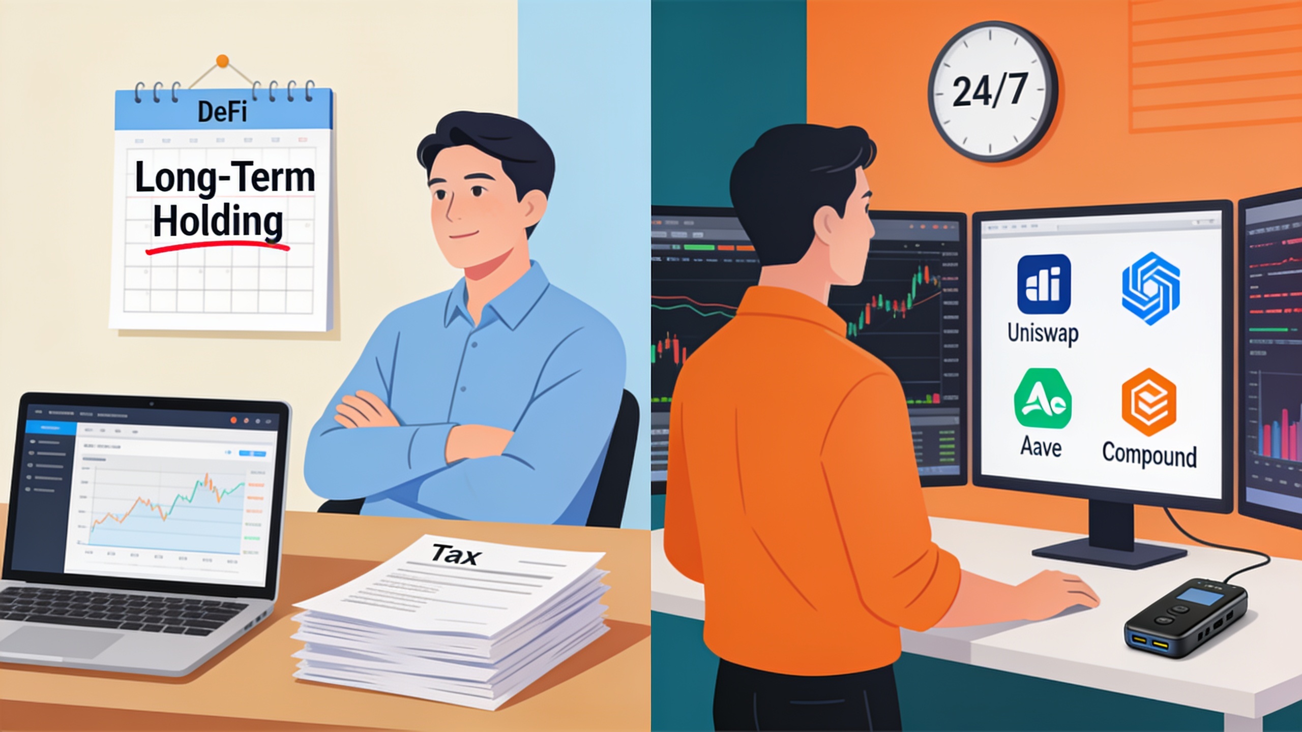 Two investor profiles: passive ETF investor with simple brokerage setup versus active direct ownership investor with 24/7 trading and DeFi access