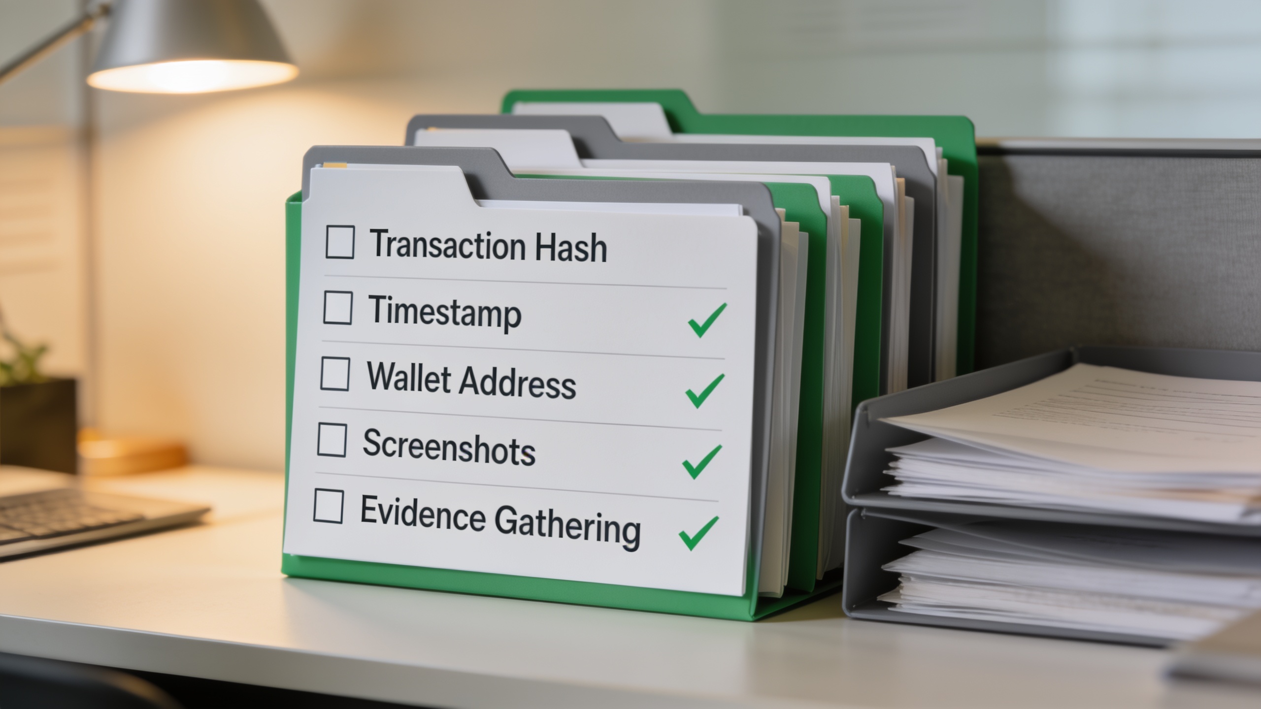Crypto insurance claim documentation checklist showing required evidence and proof of loss materials