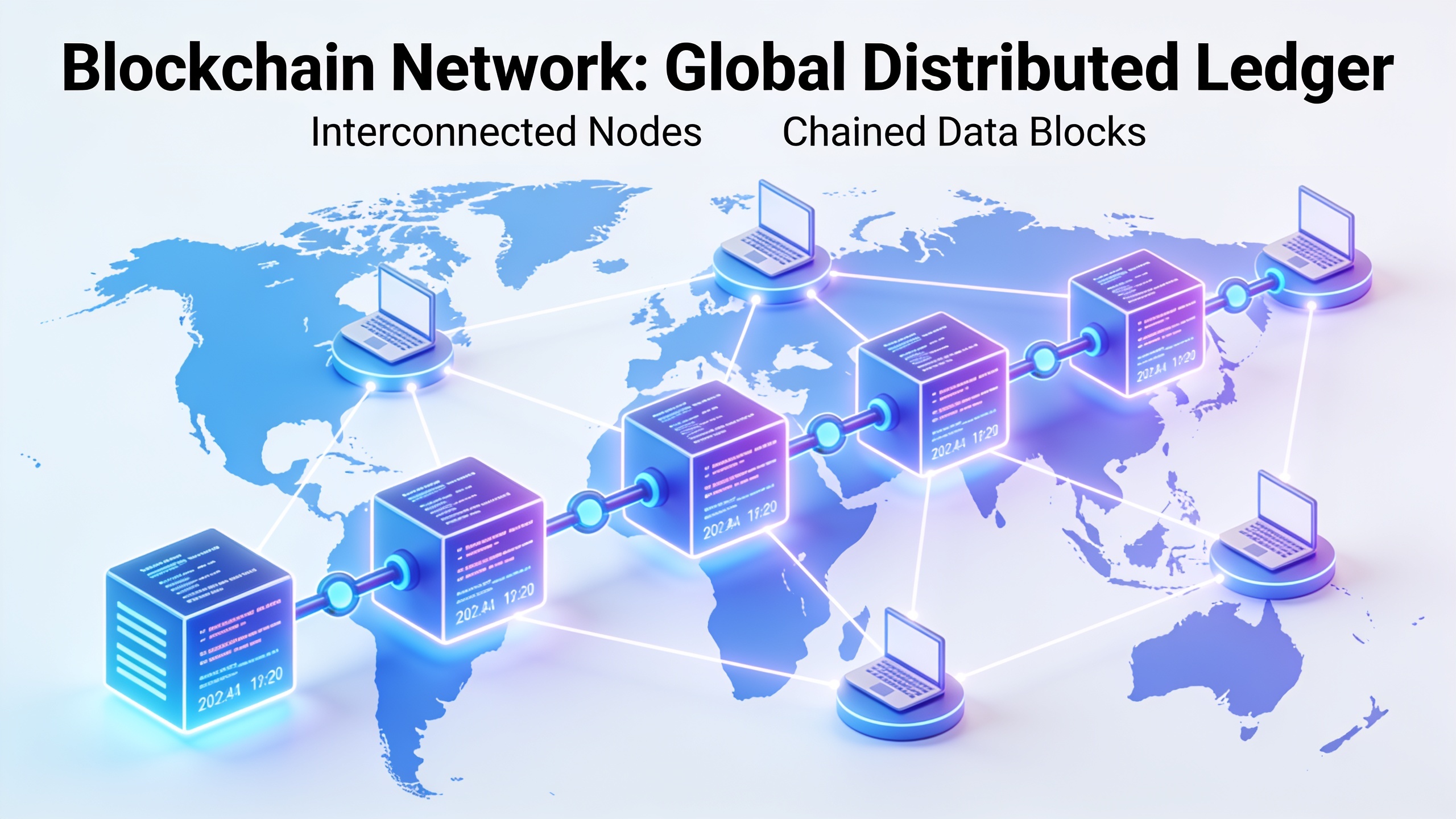 Blockchain network diagram showing distributed nodes and linked transaction blocks across a global network