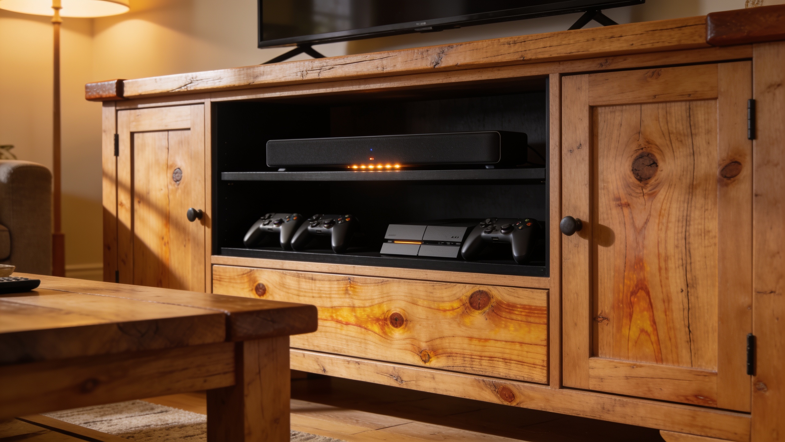 Detailed view of solid oak TV unit and coffee table showing natural wood grain and sturdy construction in a family living room