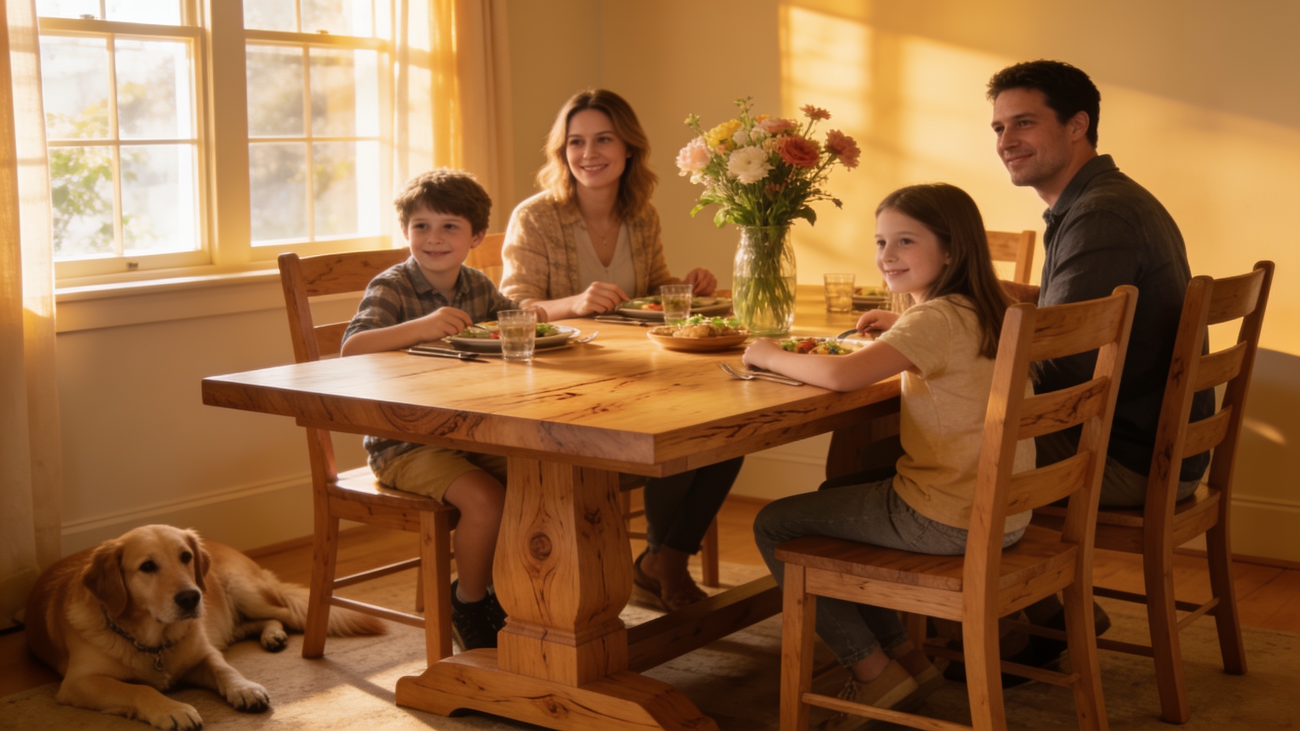 Family gathered around a solid oak dining table for a meal, showcasing the stability and warmth of quality wood furniture in daily use