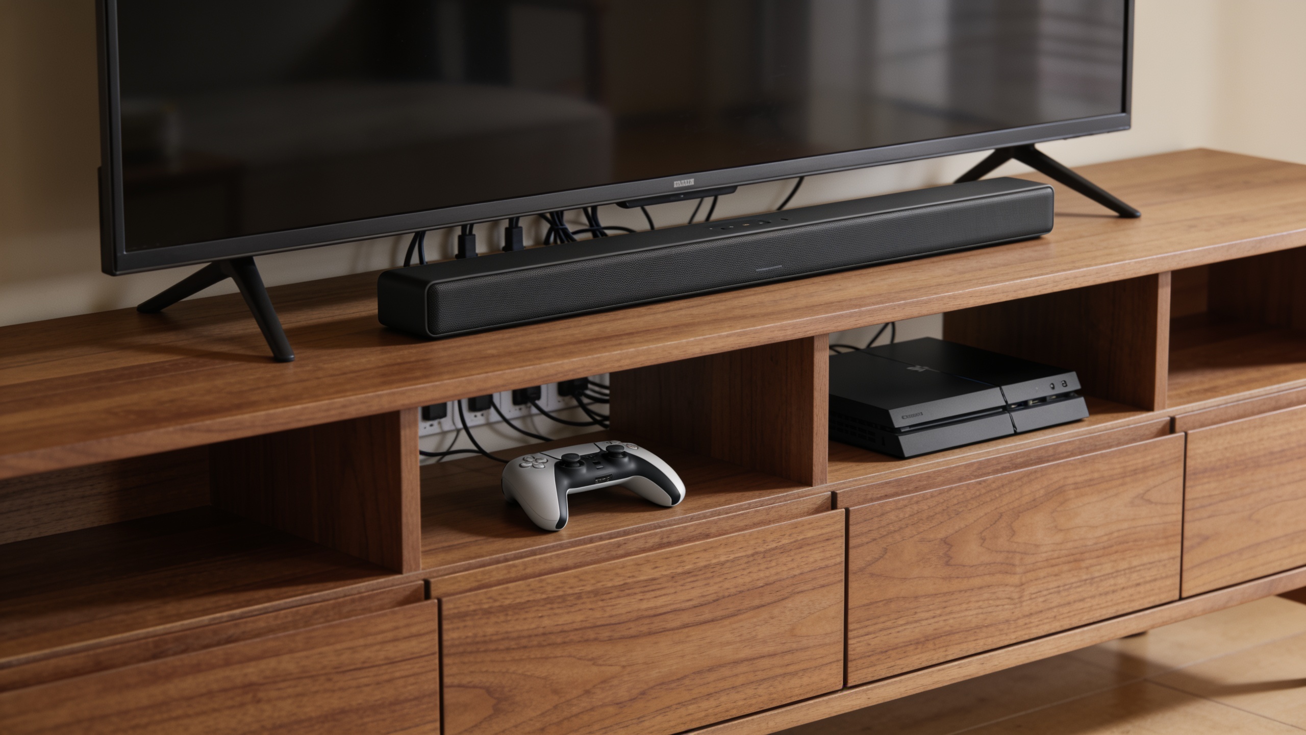 Oak TV unit with mounted television, cable management system, and organized storage for entertainment equipment