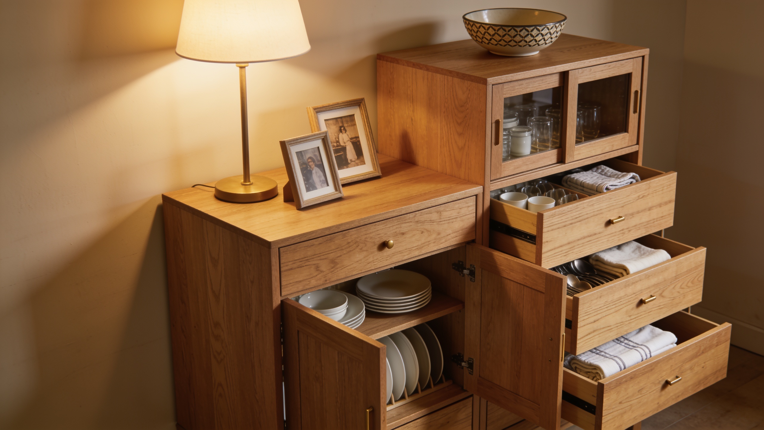 Tall oak sideboard with styled top displaying decorative items and open storage showing organized household items and glassware