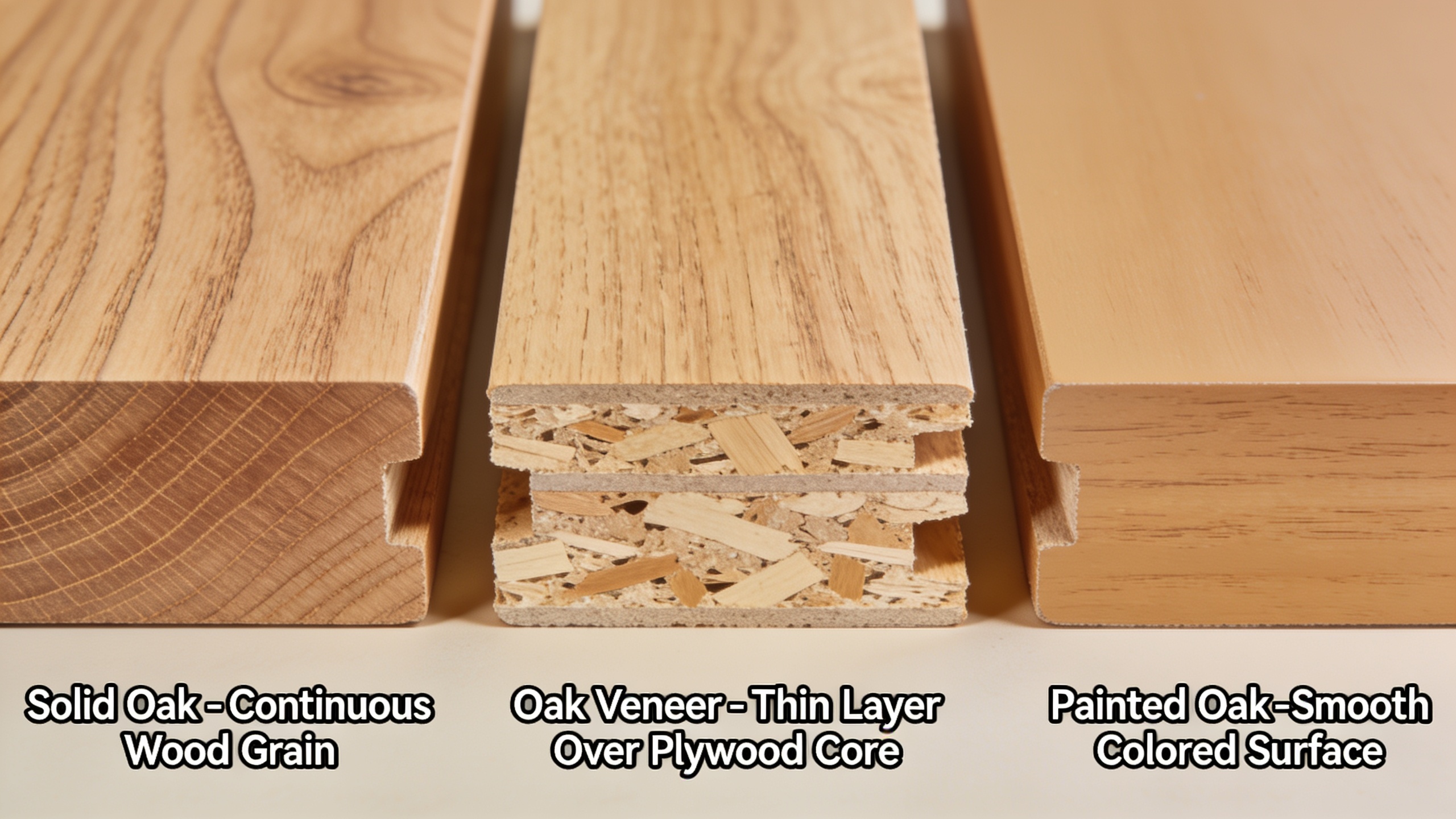 Cross-section comparison of solid oak, oak veneer, and painted oak construction types