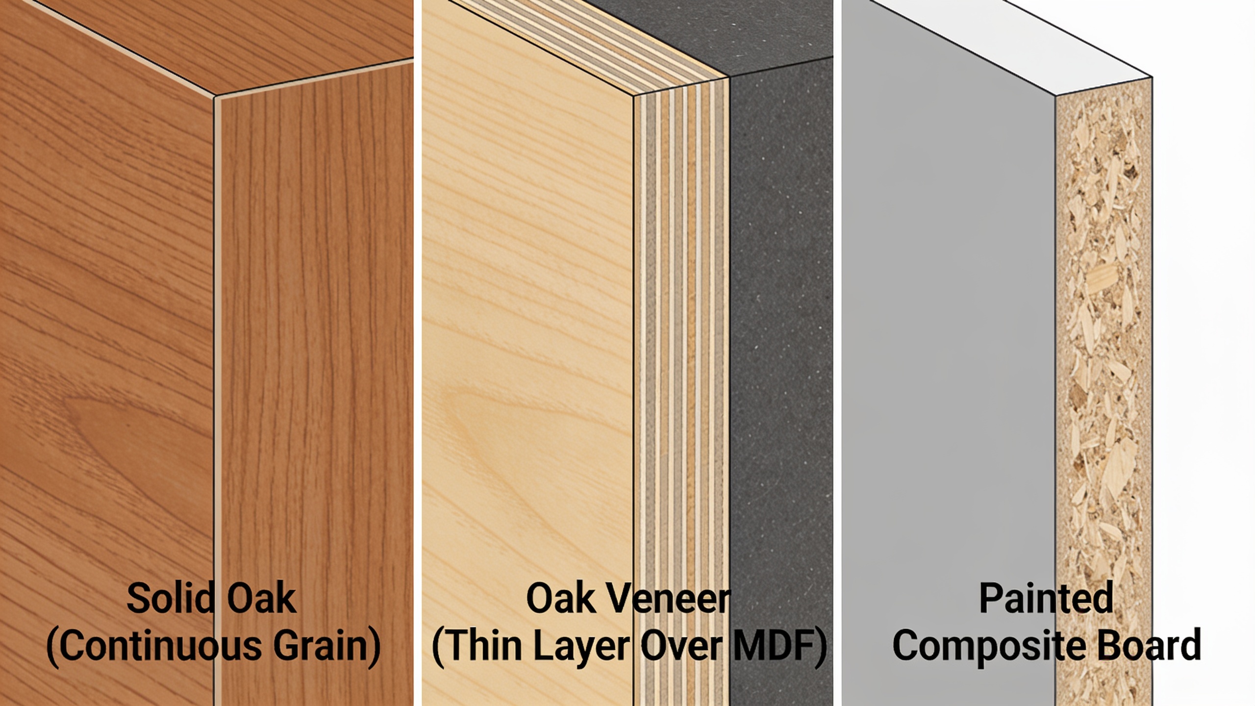 Infographic comparing cross-sections of solid oak, oak veneer, and composite board furniture construction