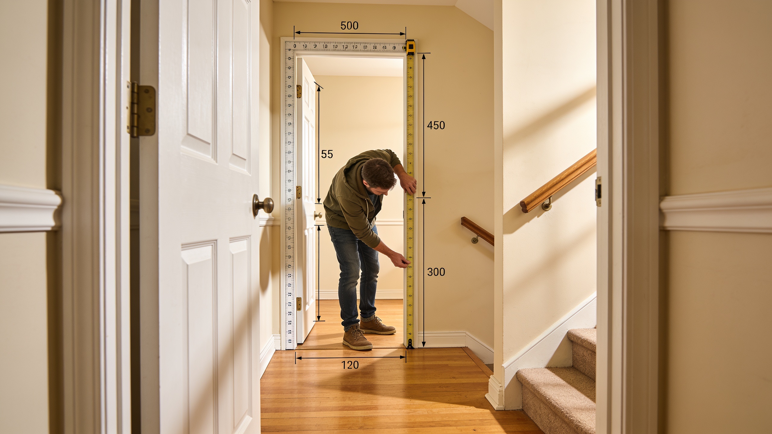 Homeowner measuring doorway and hallway dimensions to ensure oak furniture will fit through delivery route