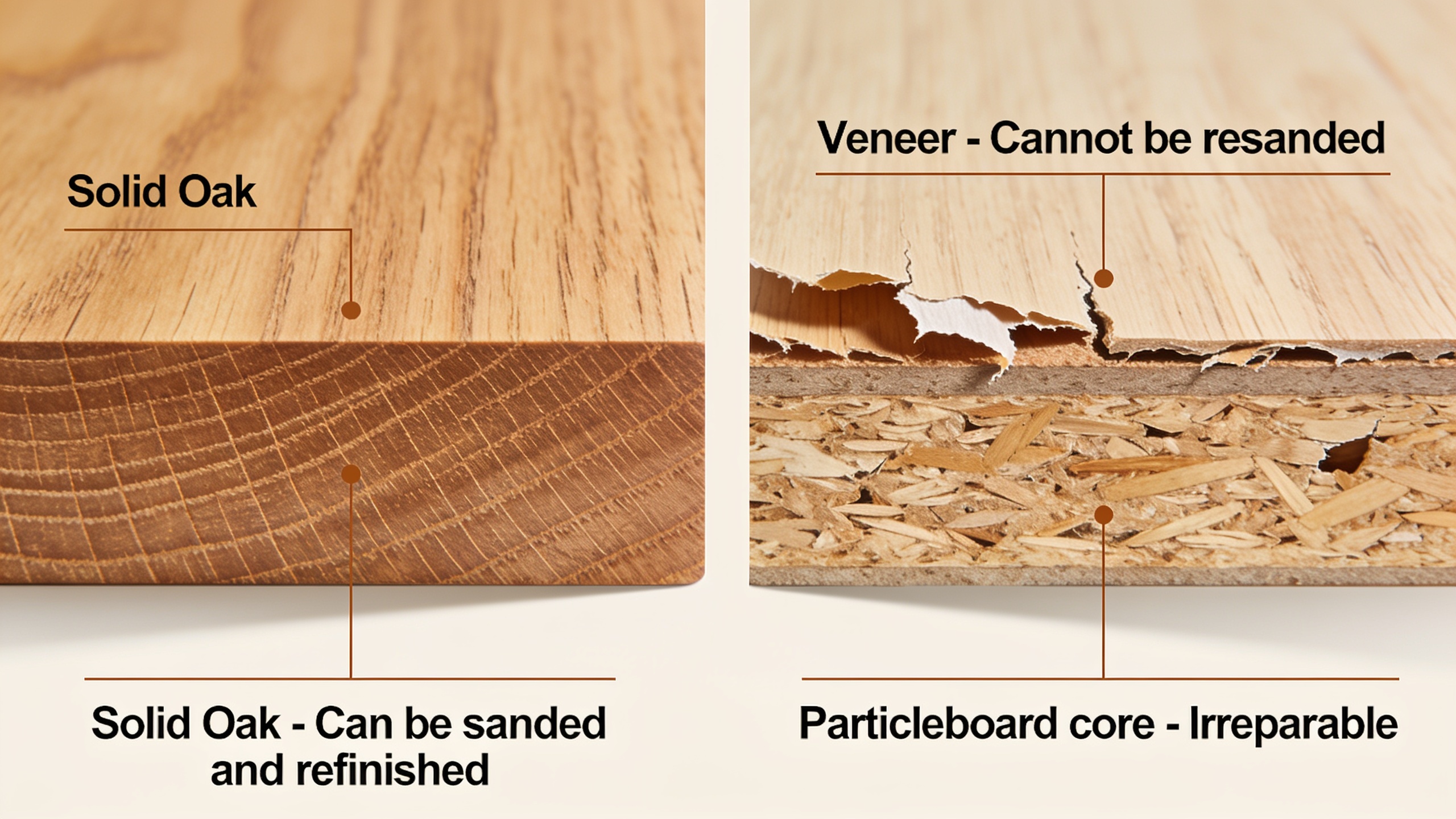 Cross-section comparison showing solid oak's repairability versus veneered particleboard that cannot be refinished