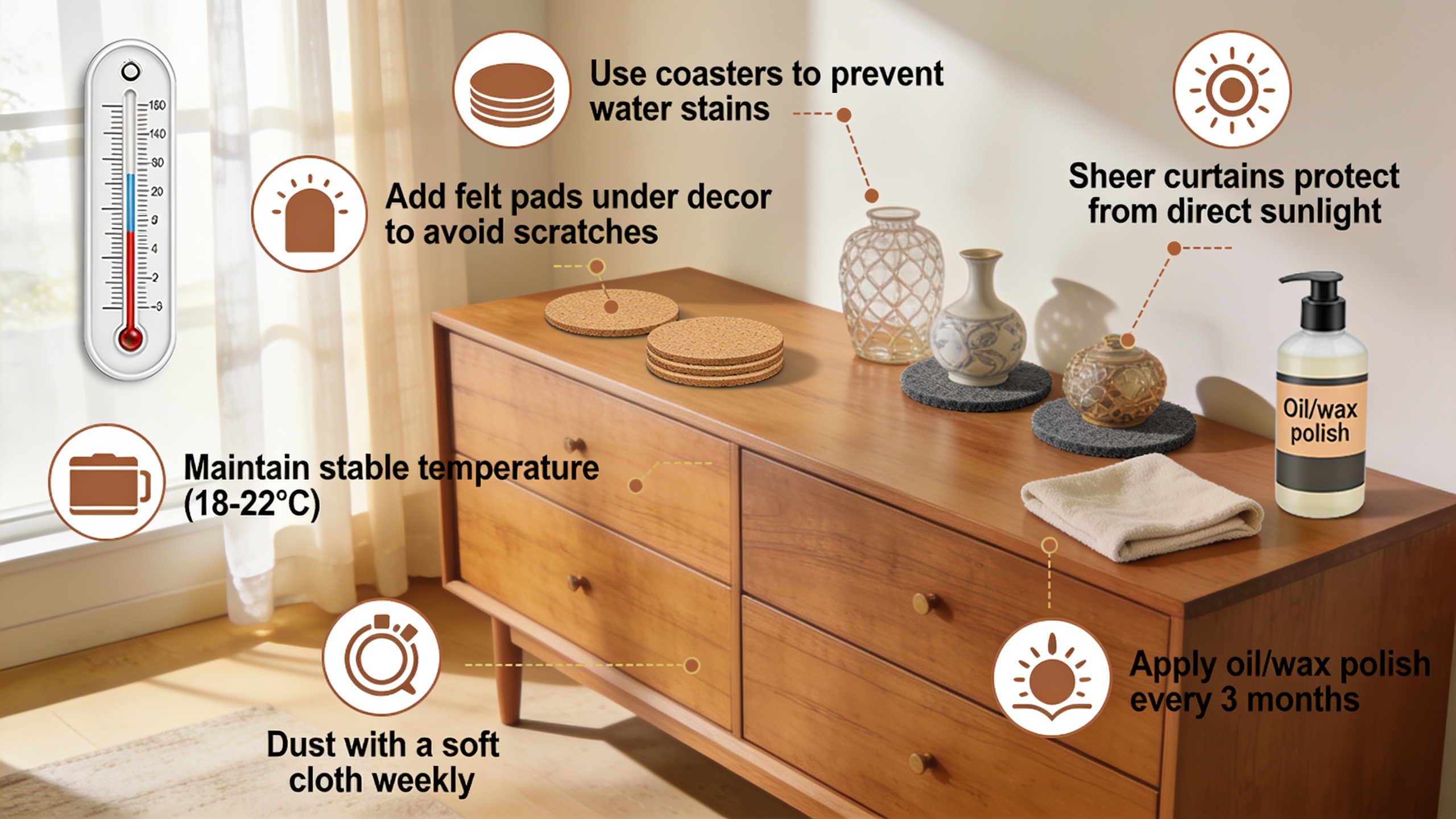 Illustrated guide showing proper oak furniture care including coasters, felt pads, sunlight protection, and humidity control
