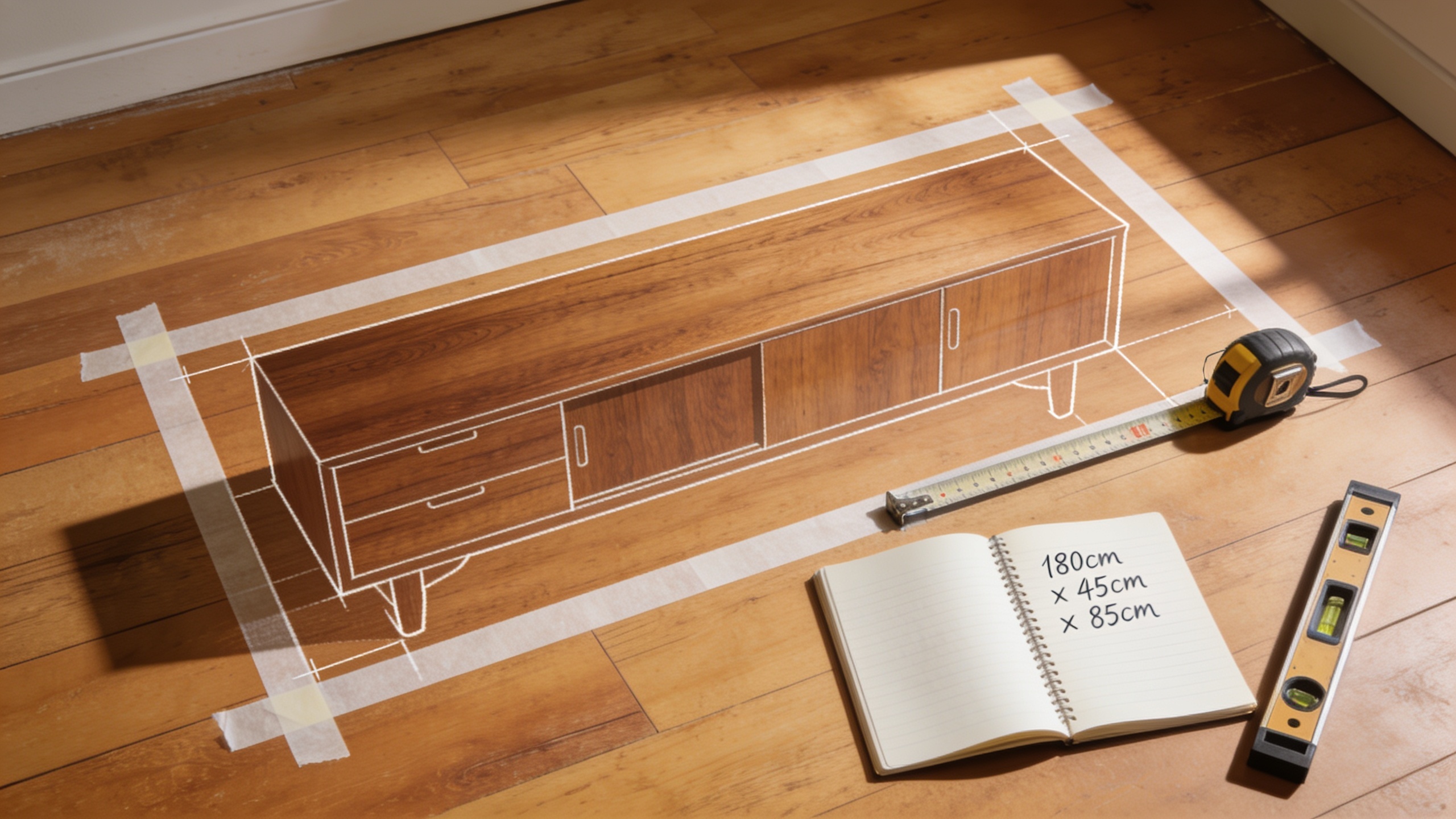 Overhead view of masking tape marking furniture footprint on floor with measuring tools and notepad for planning oak furniture placement