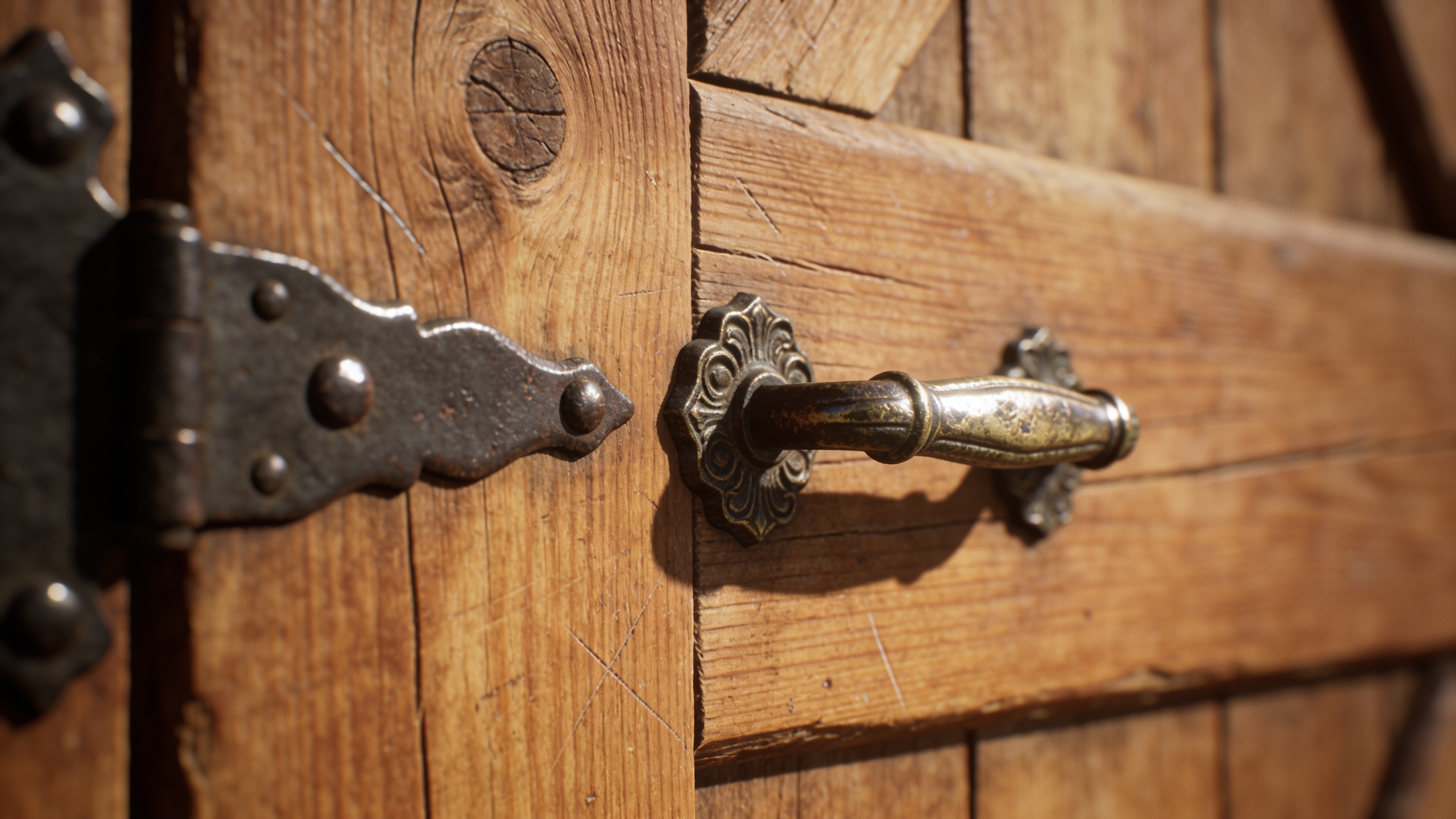 Detailed close-up of rustic oak wood showing visible grain, knots, and textured surface with cast iron hardware