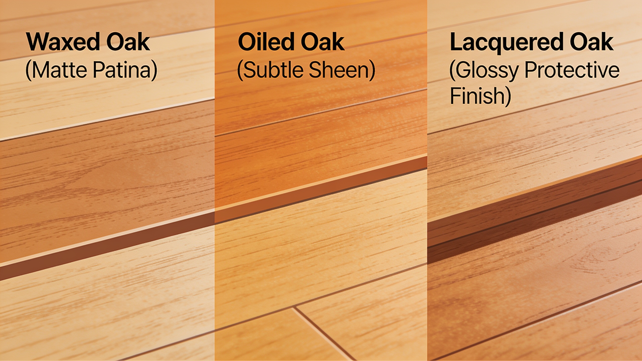 Comparison of three oak furniture finishes: waxed, oiled, and lacquered wood surfaces showing different appearances and sheens