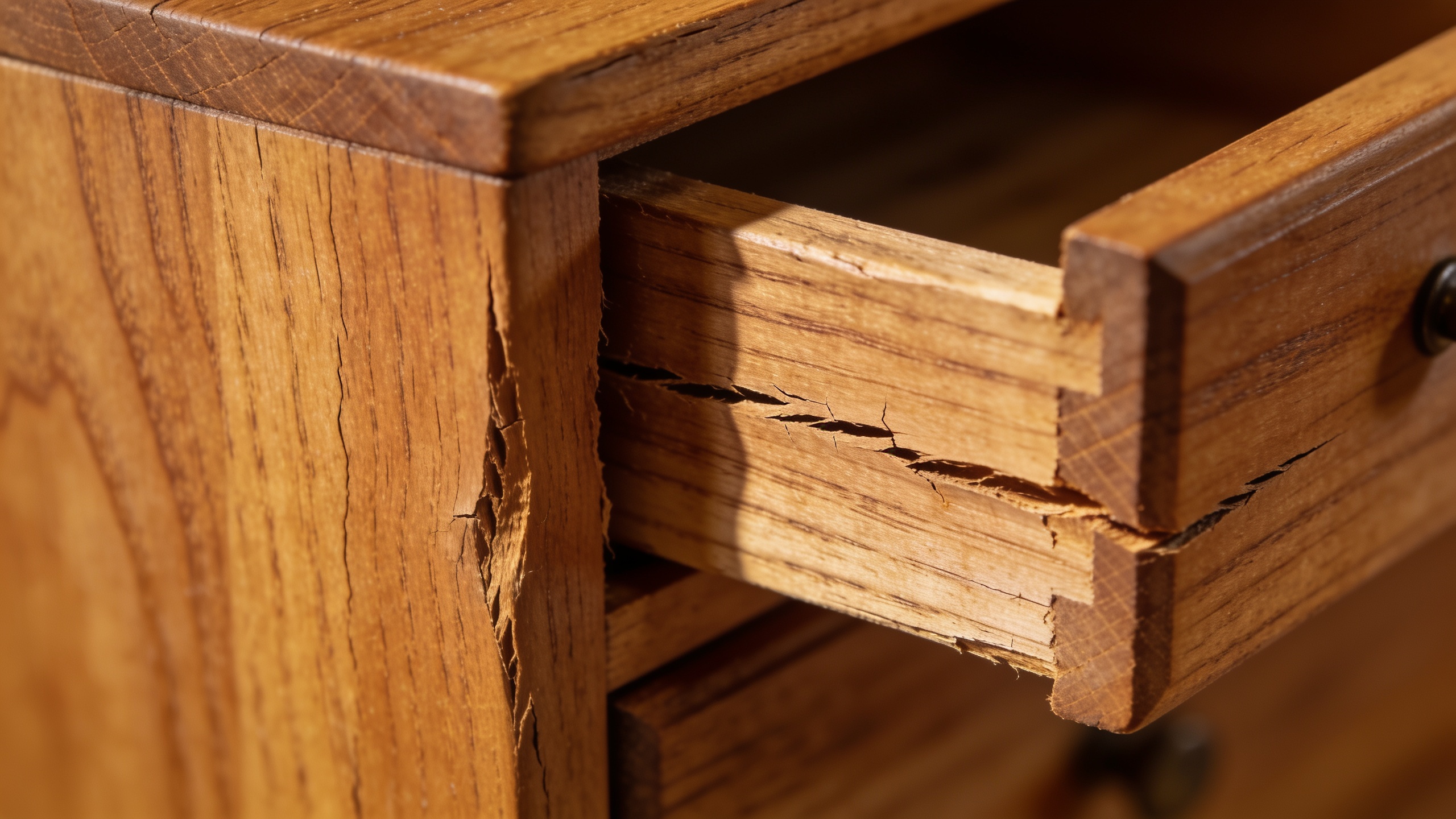 Close-up of oak furniture showing humidity damage including fine cracks along grain and warped wood surface