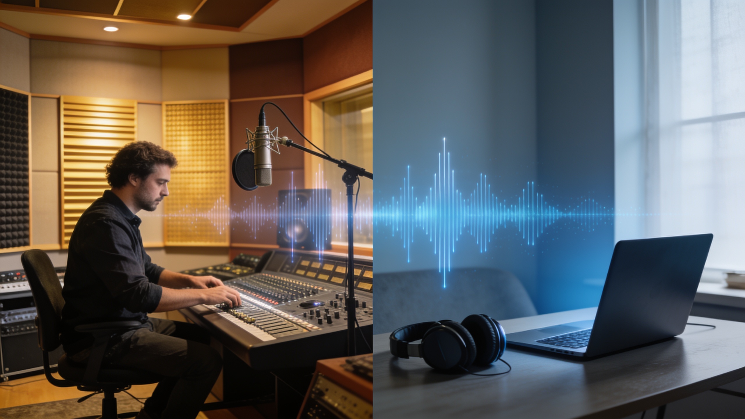 Side-by-side comparison of traditional voiceover studio versus modern AI voice generation home setup
