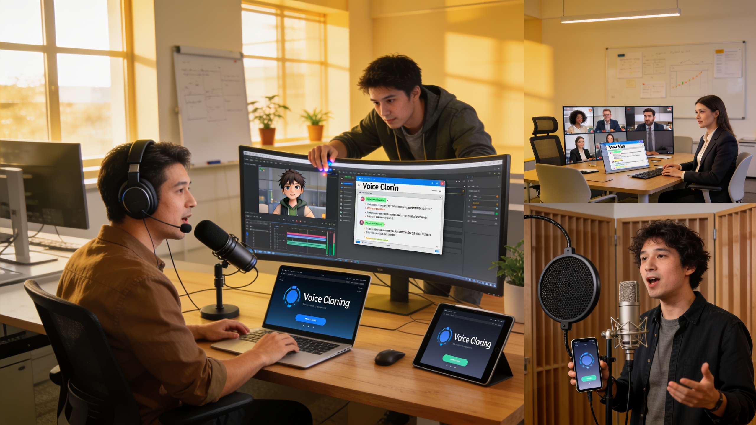 Various professionals across industries using voice cloning technology for podcasting, gaming, business, and content creation