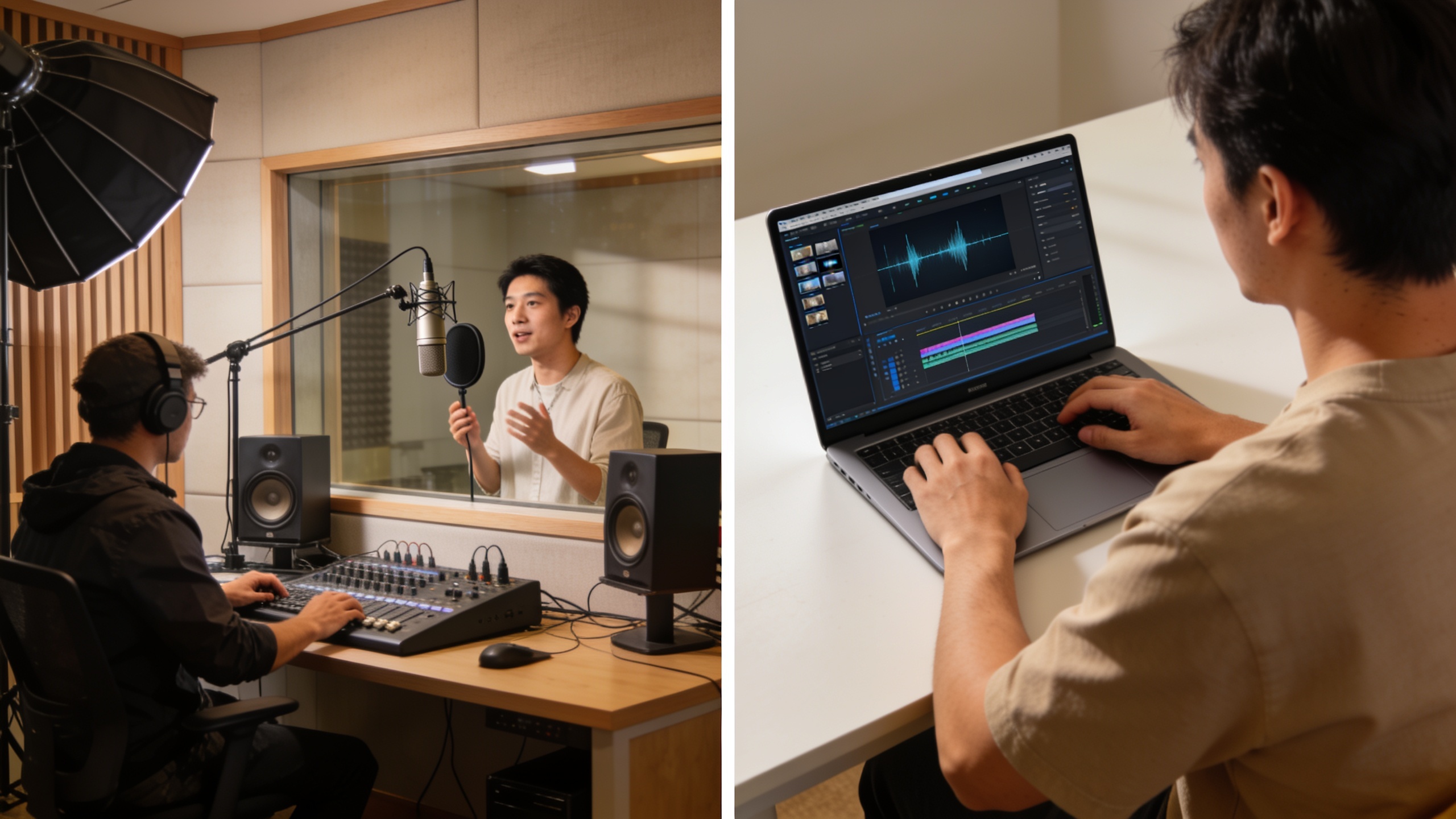 Side-by-side comparison of traditional voice recording versus AI voice generation workflow for content creators