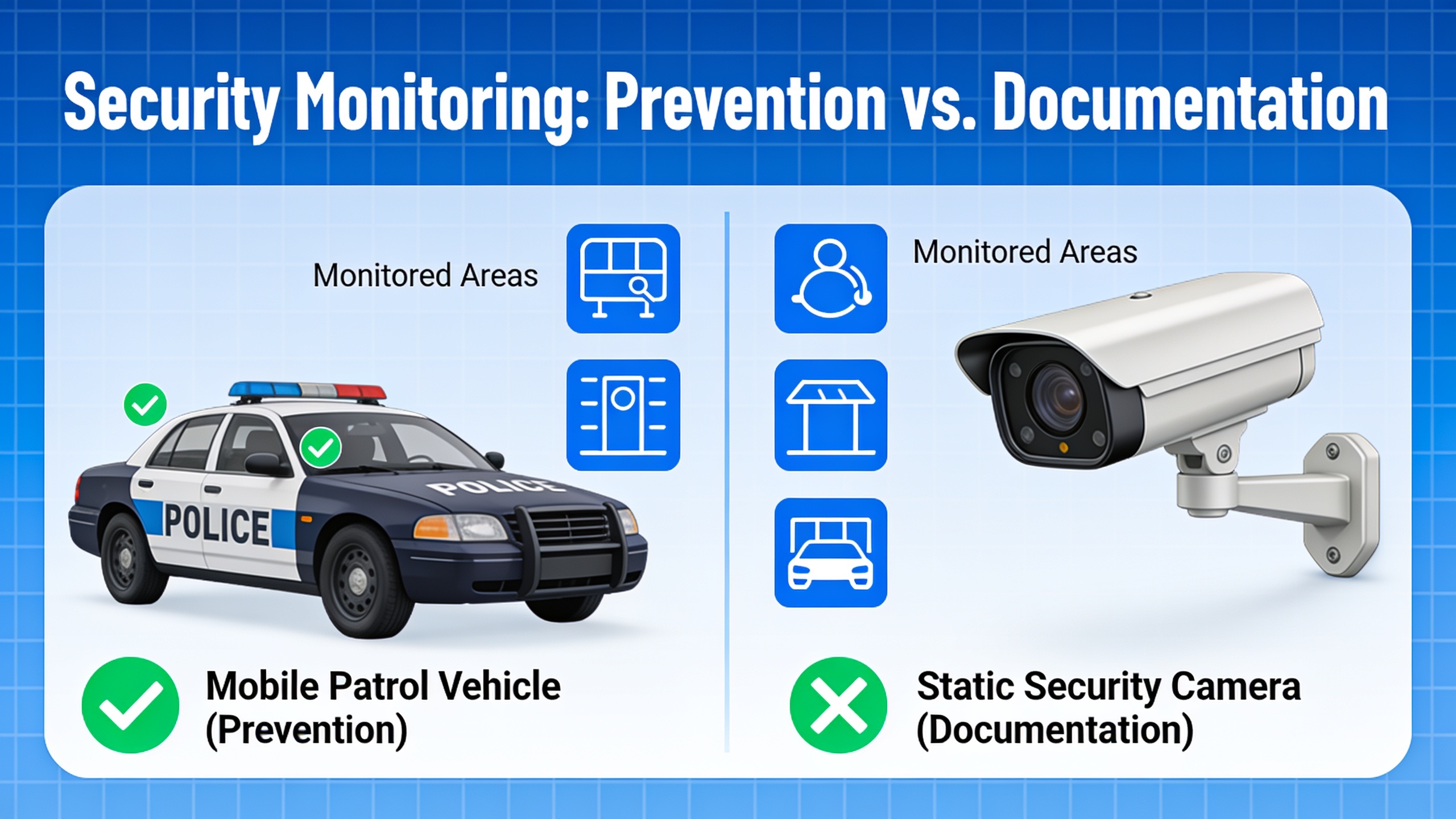 Comparison infographic showing mobile patrol vehicle preventing crime versus security camera only documenting incidents