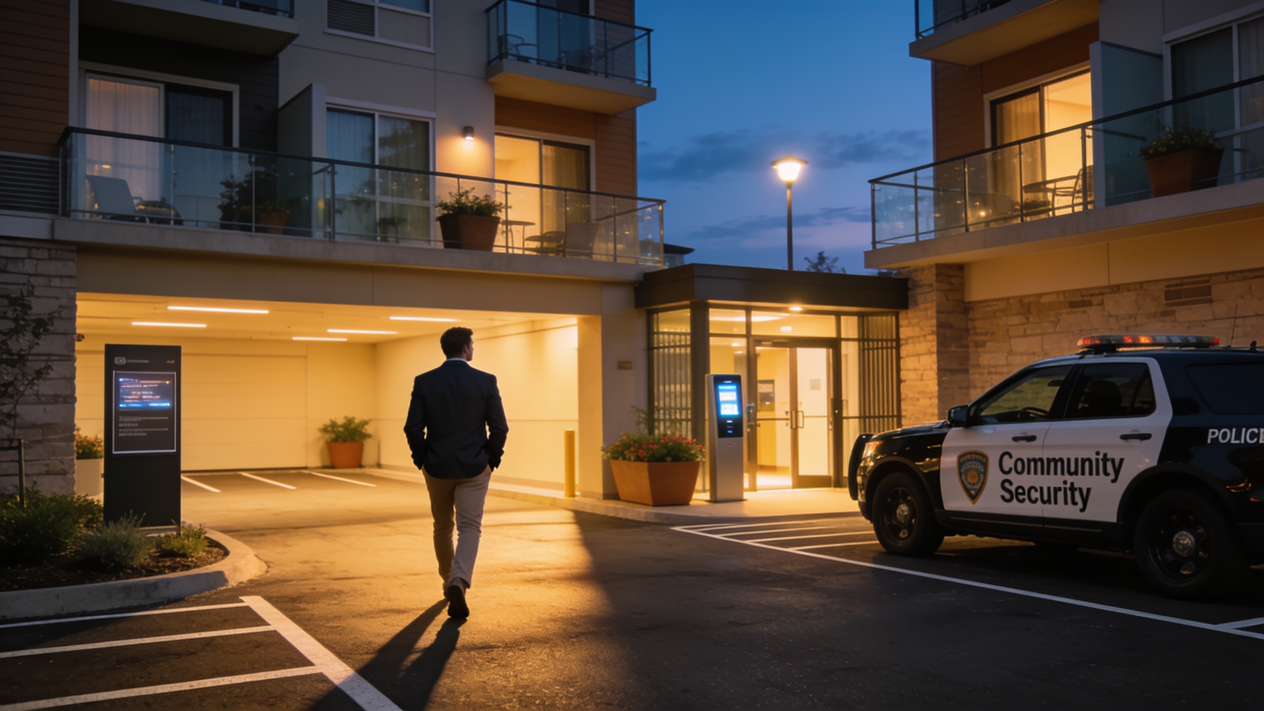 Resident walking safely through apartment complex parking area with visible security patrol presence