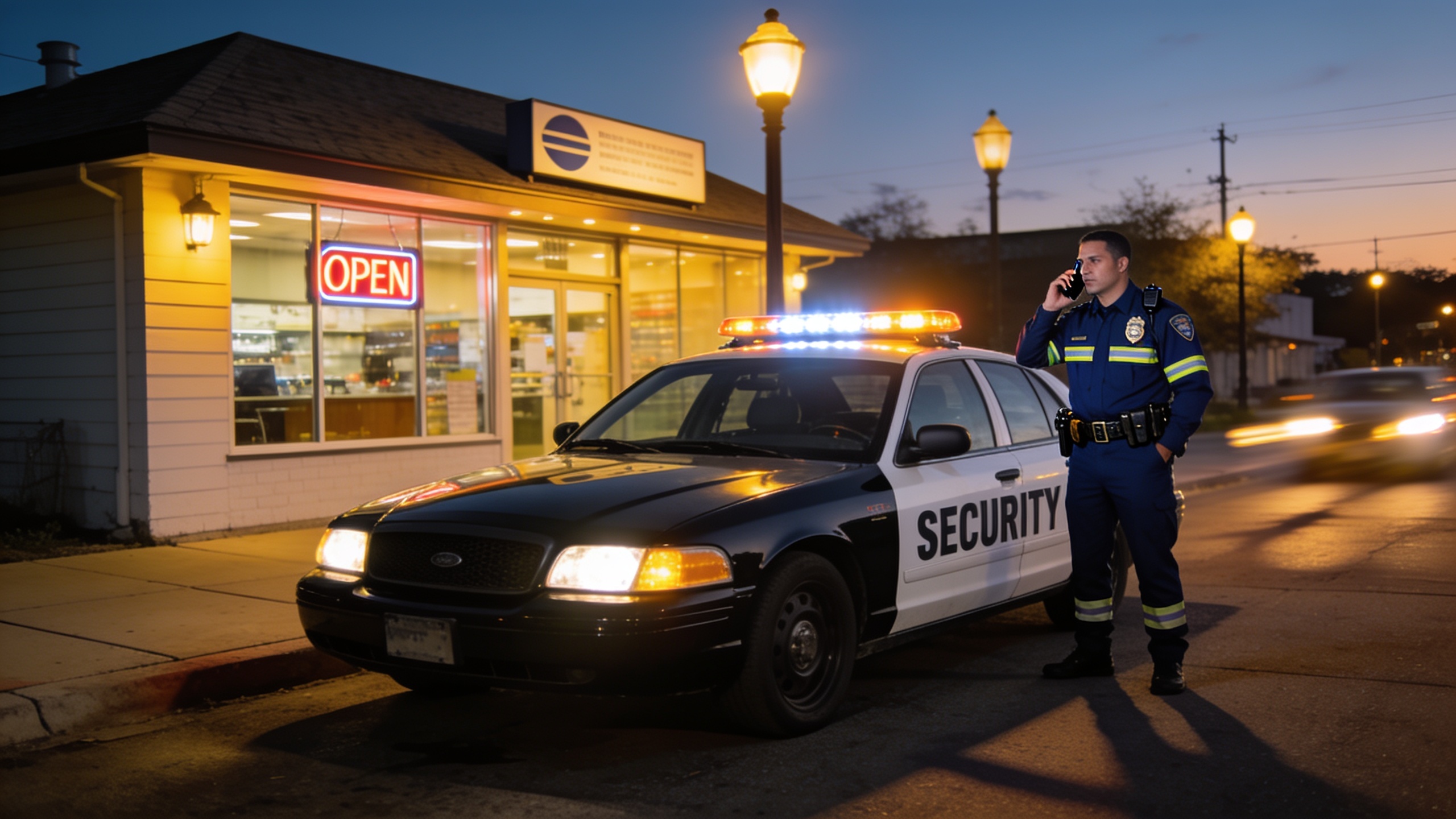 Local security patrol vehicle outside a small business