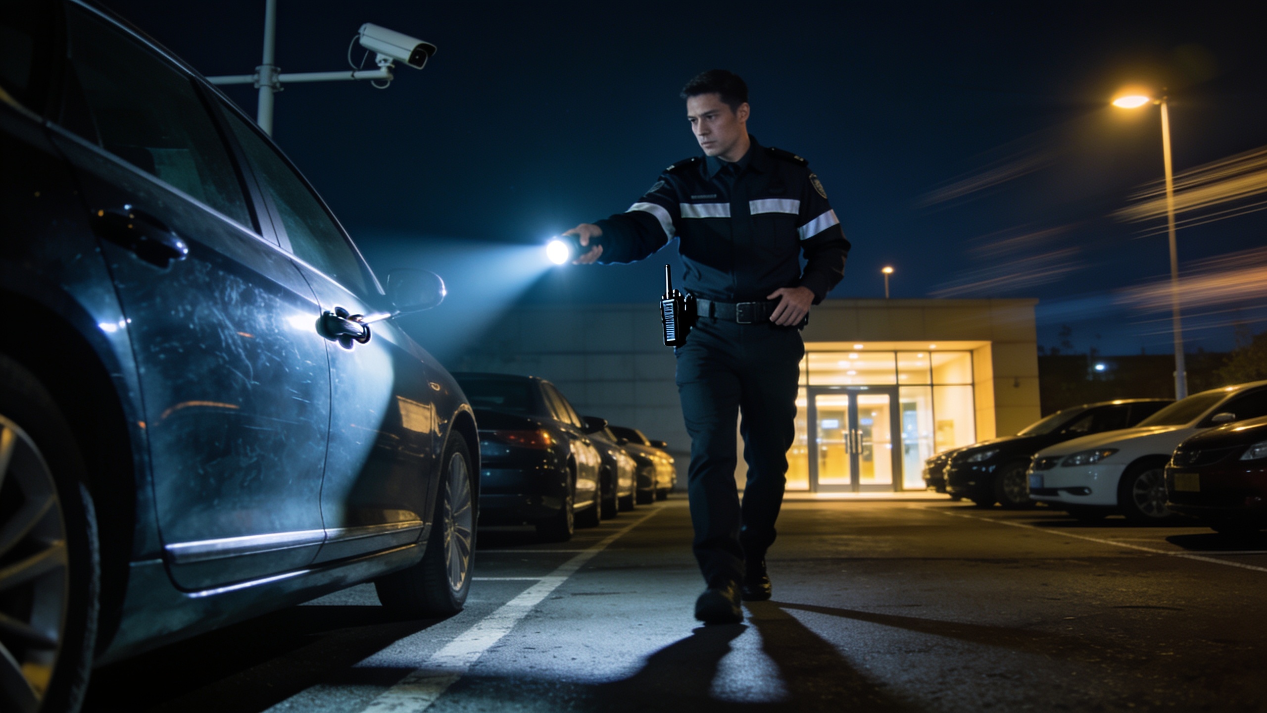 Security guard performing nighttime patrol and perimeter checks at commercial property