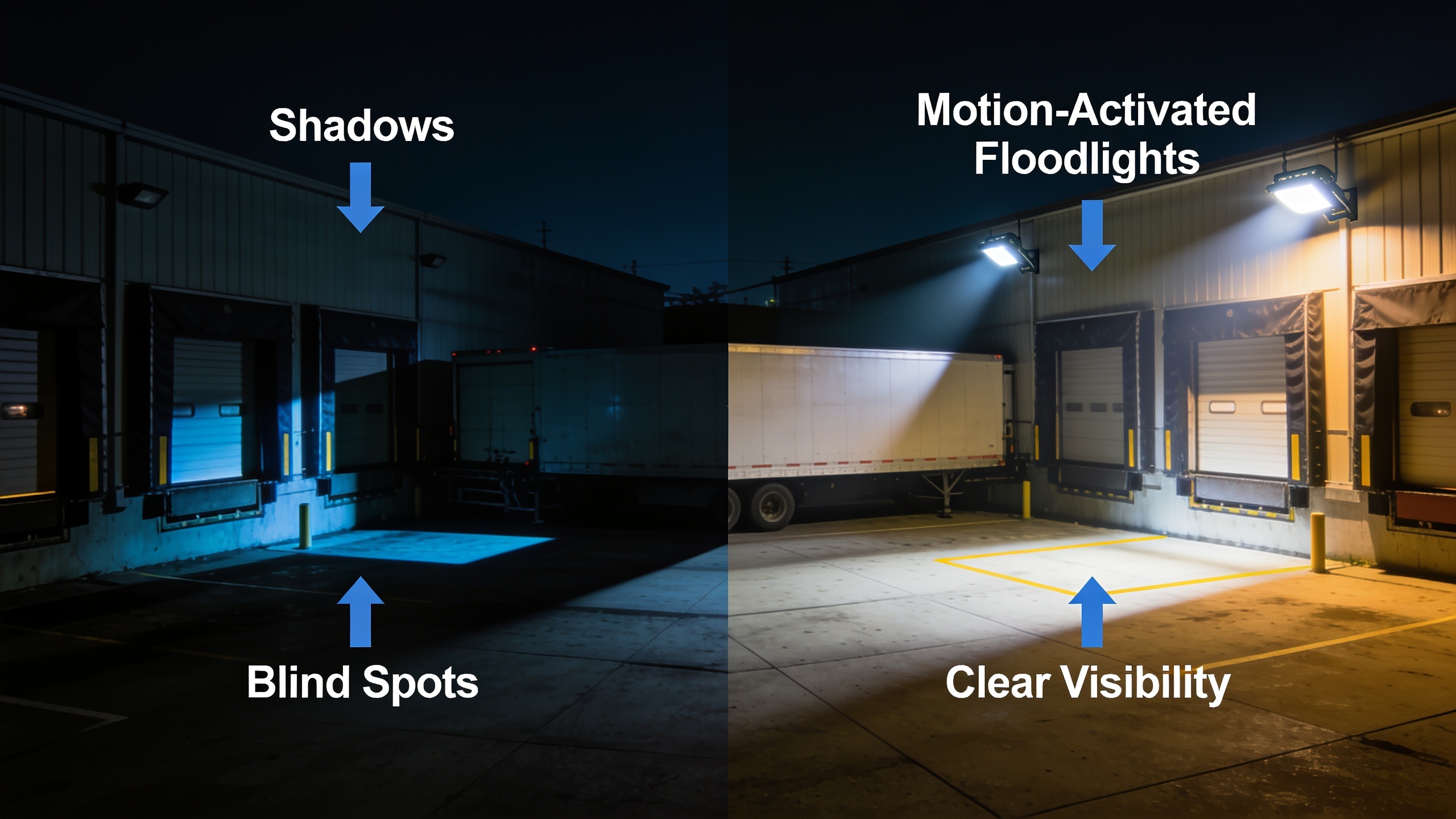 Before and after comparison of commercial loading dock lighting improvements for security