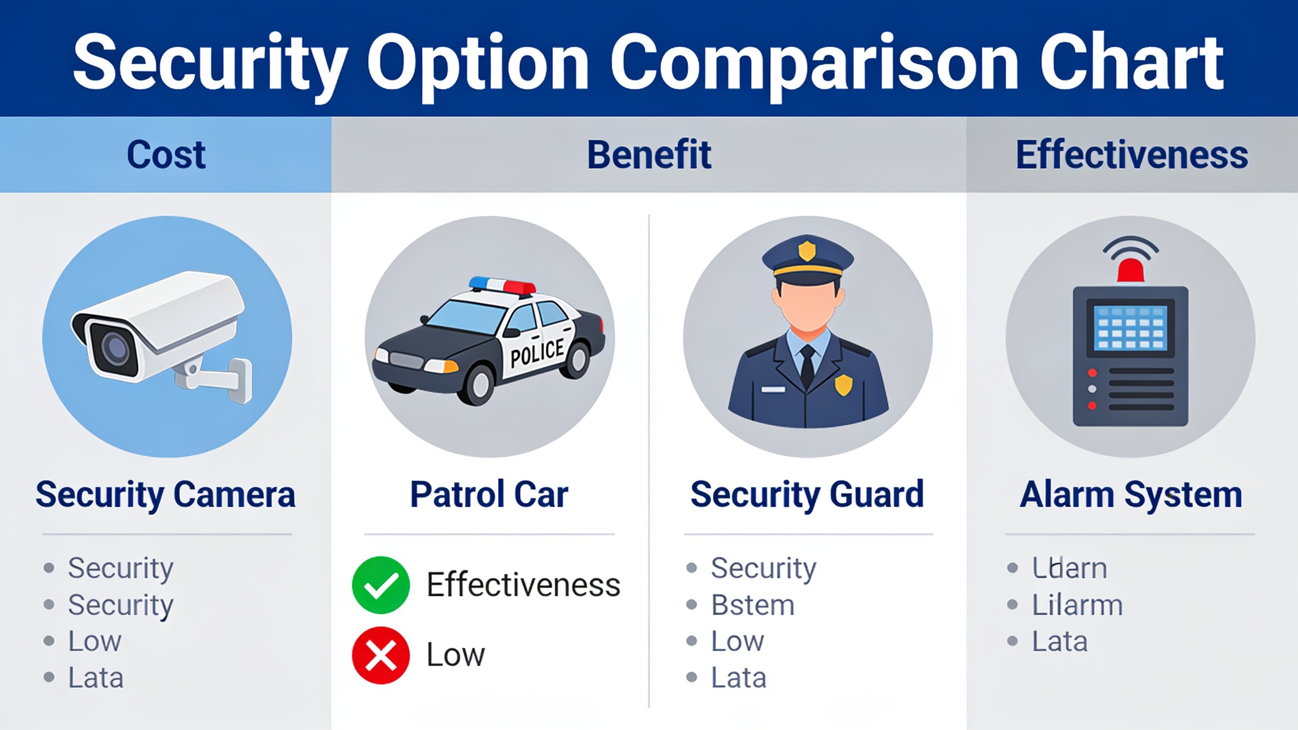 Security options comparison infographic showing cost and effectiveness of cameras, patrols, guards, and alarms