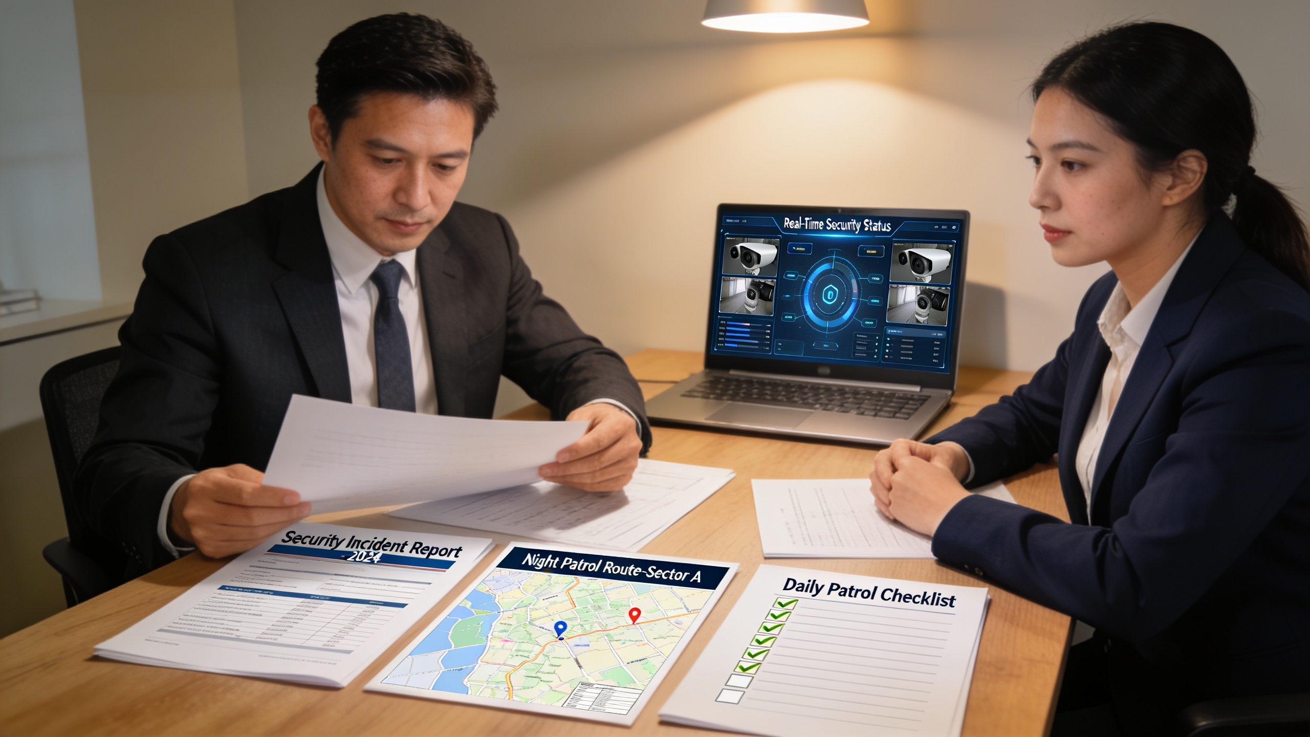 Property manager reviewing patrol documentation