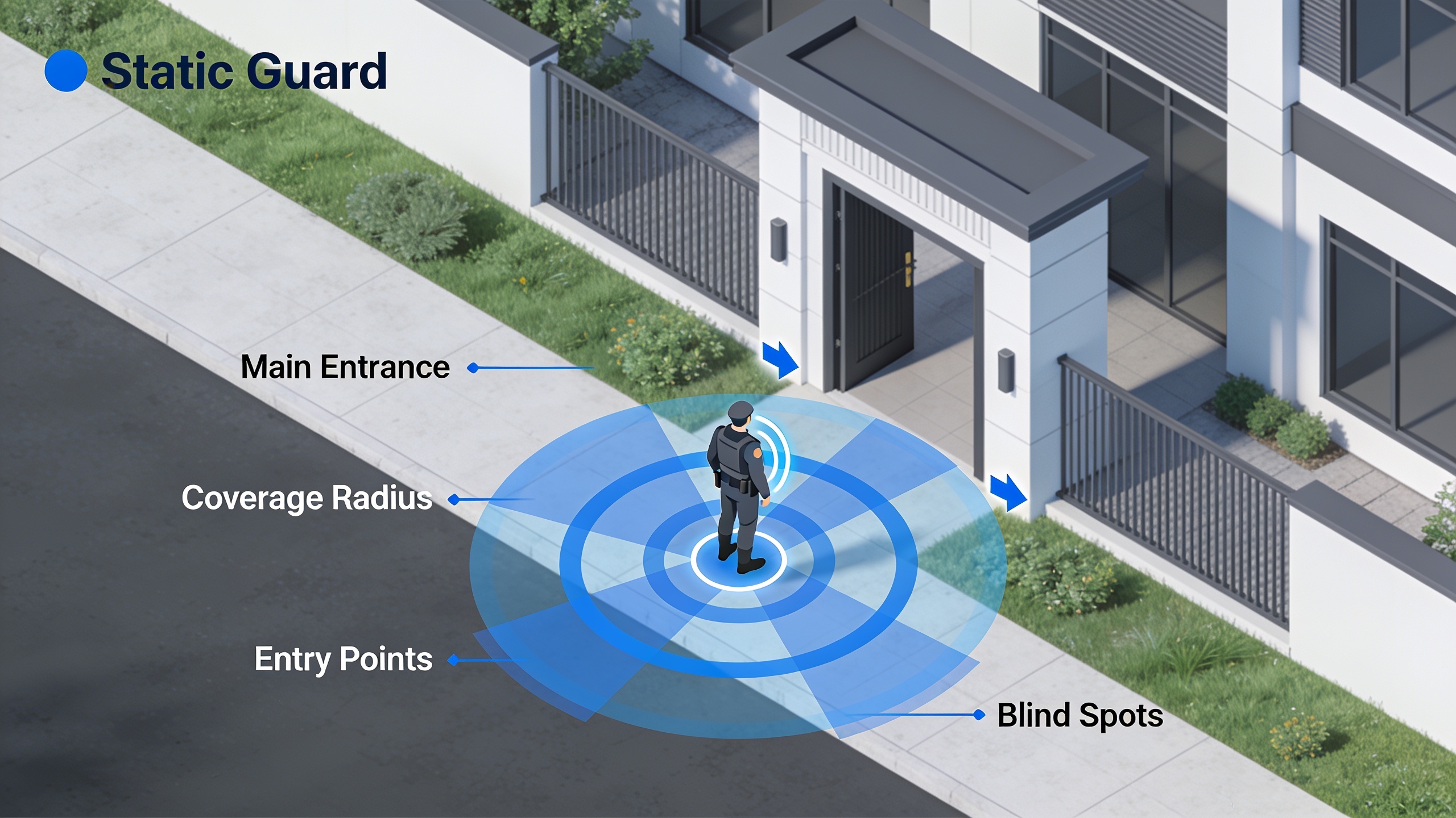 Property layout diagram showing static guard coverage area and entry point monitoring at fixed location