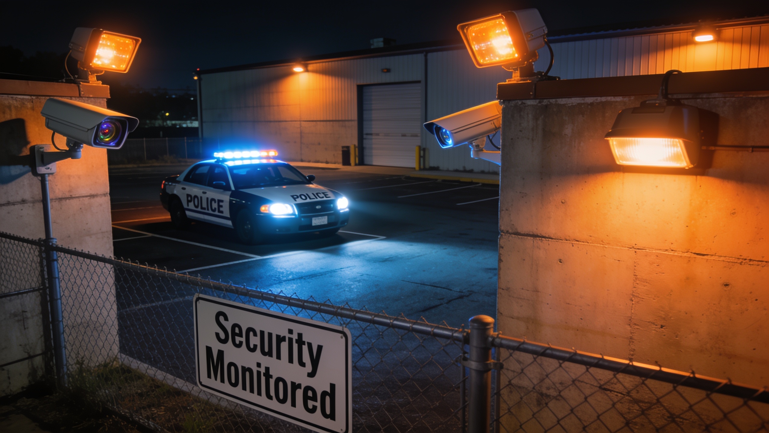 Commercial building at night with layered security