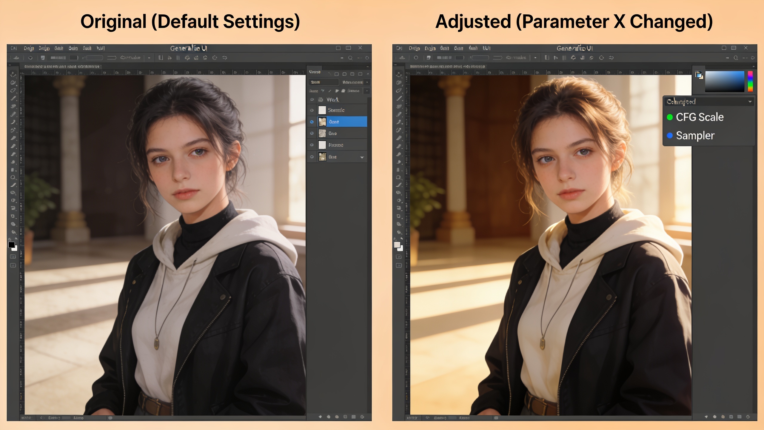 Before and after comparison of ComfyUI outputs showing the effect of changing a single parameter