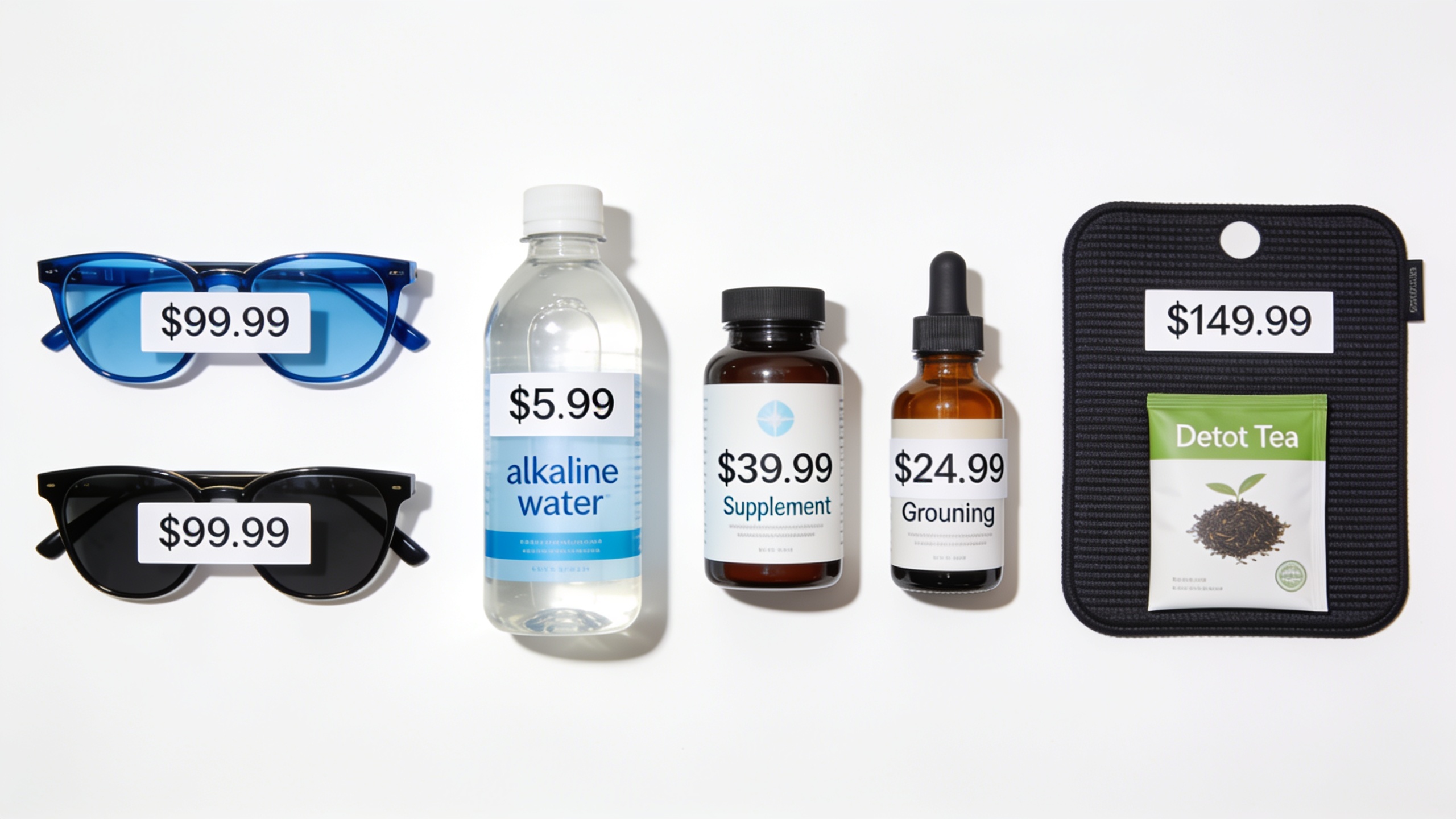 Collection of expensive unproven wellness products including alkaline water, supplements, blue-light glasses, and grounding mats