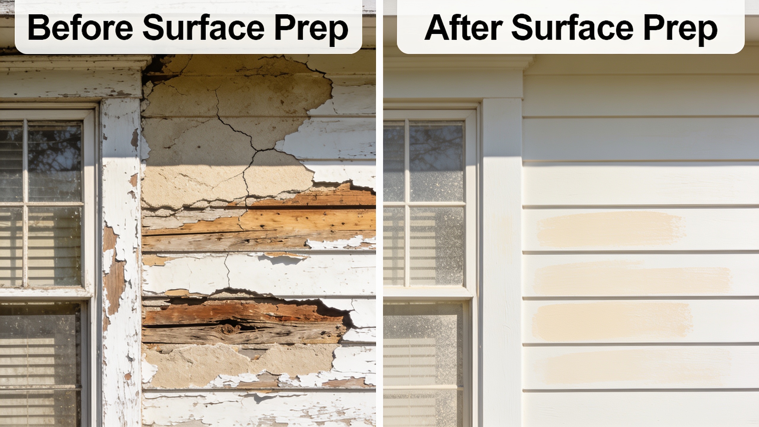 Before and after comparison of exterior surface preparation showing peeling paint removal and wood repair on a historic home
