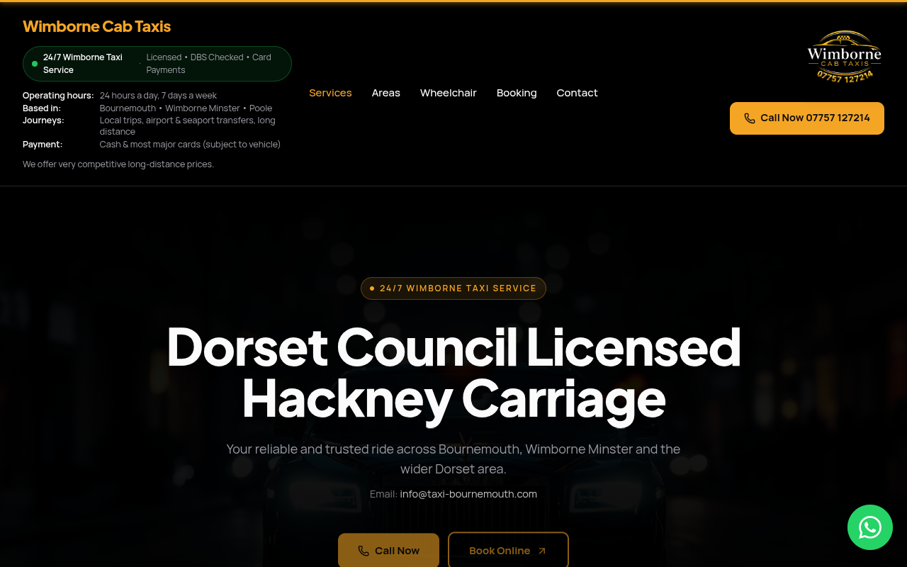 Wimborne Cab Taxis website screenshot