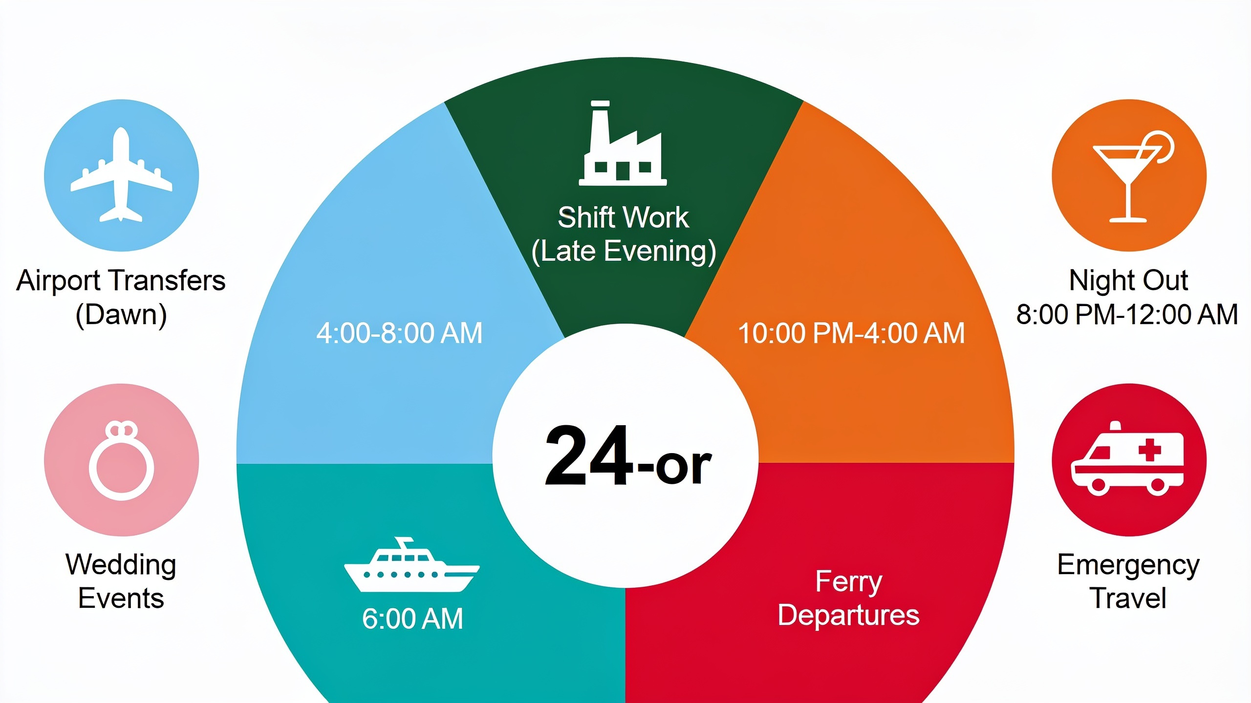 Infographic showing six common use cases for 24/7 taxi services in Wimborne throughout the day and night