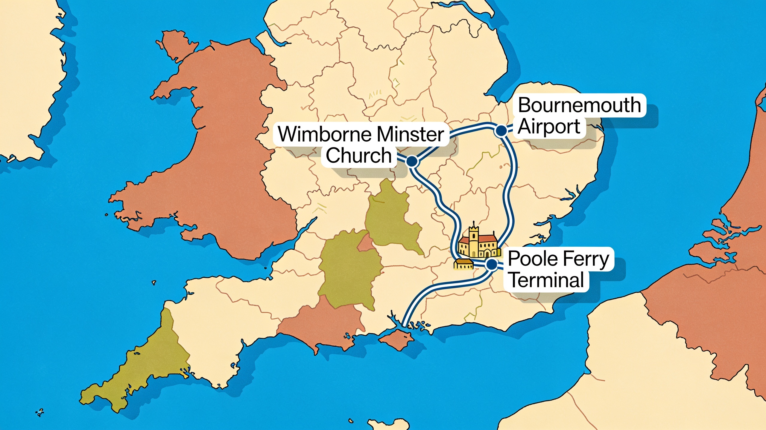 Map of Wimborne Minster, Bournemouth, and Poole showing the service coverage area for 24/7 taxi services in Dorset