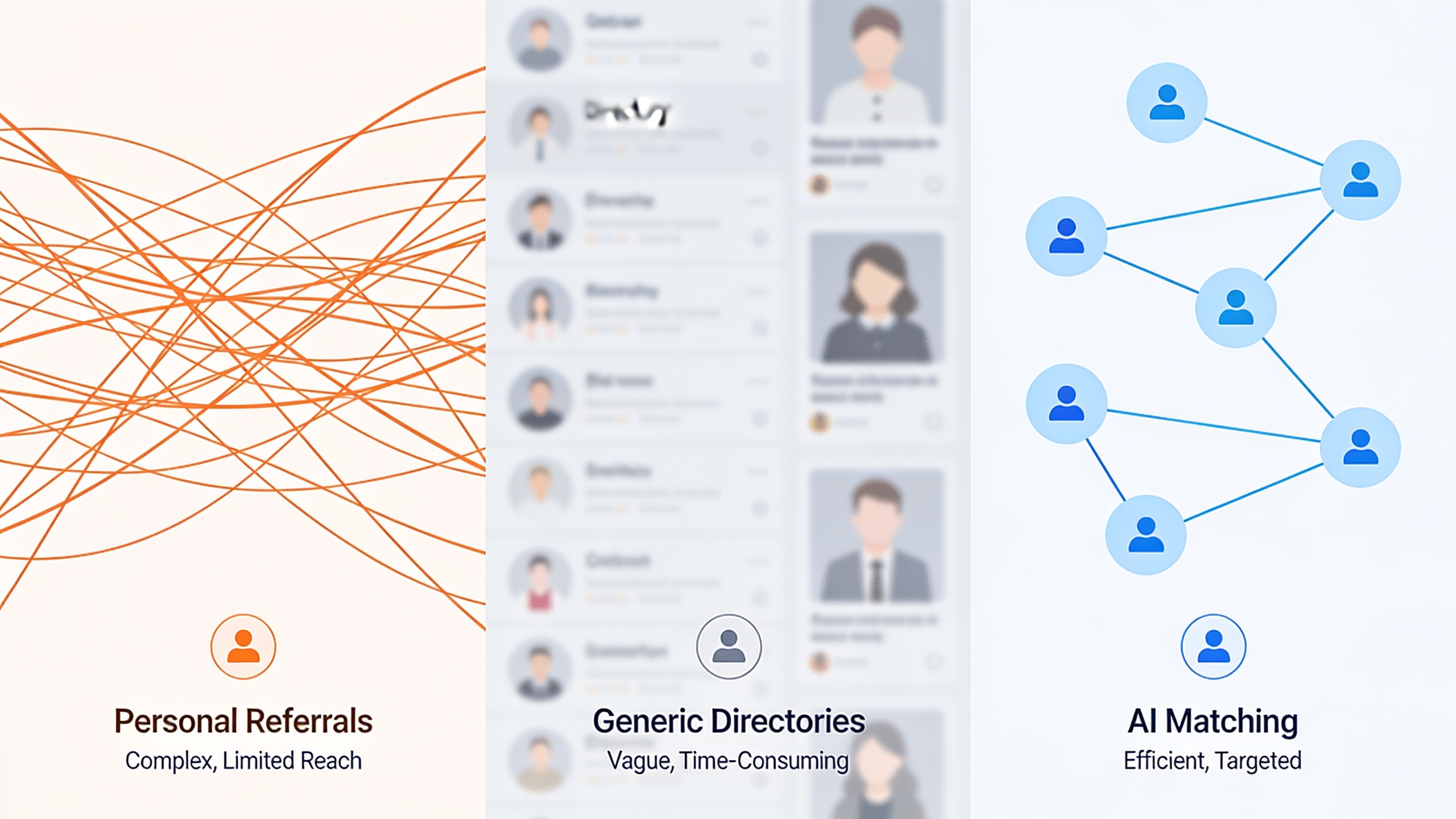 Visual comparison of traditional referral methods versus AI-powered advisor matching efficiency