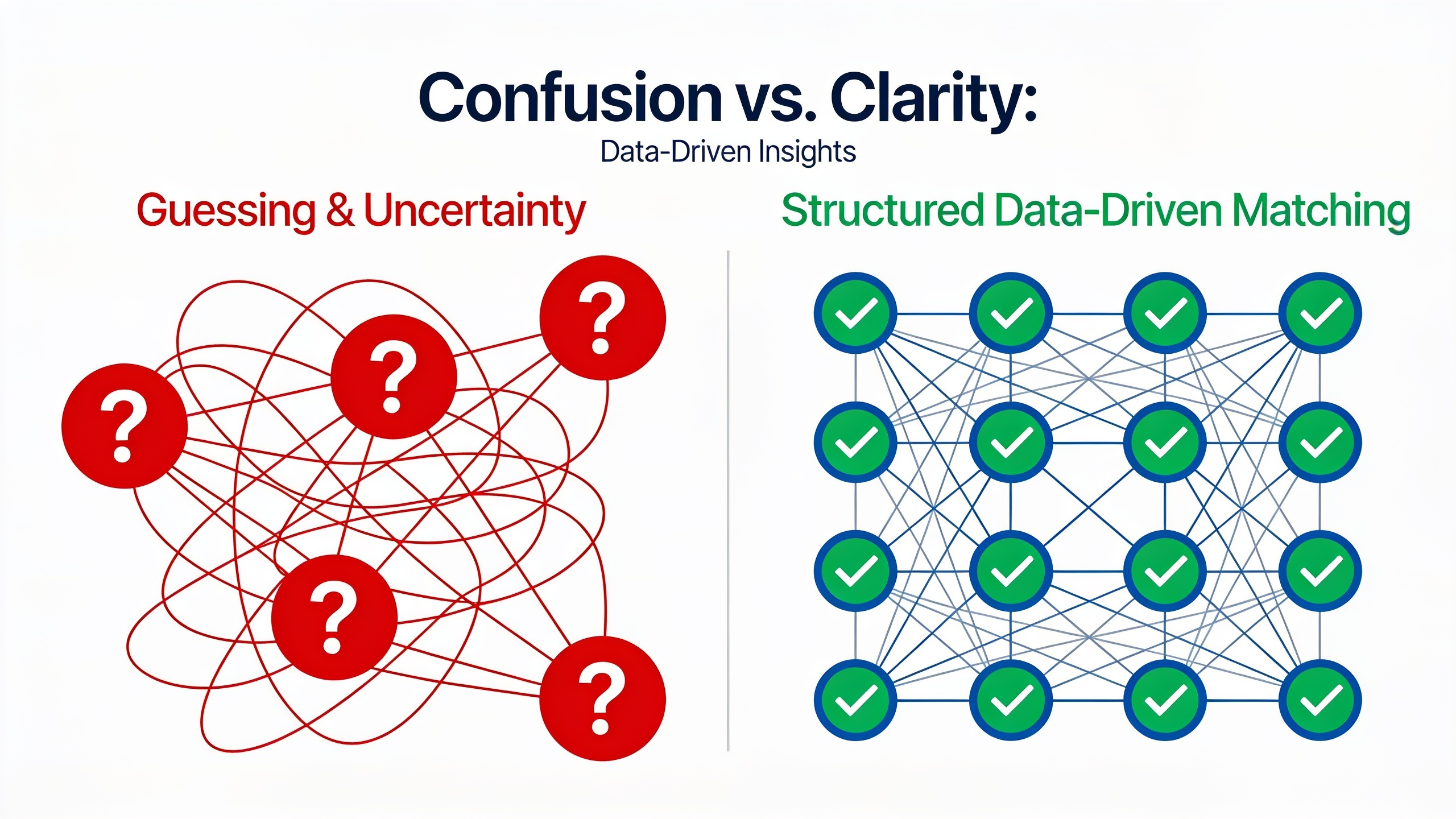 Infographic comparing chaotic traditional advisor search versus organized data-driven matching process
