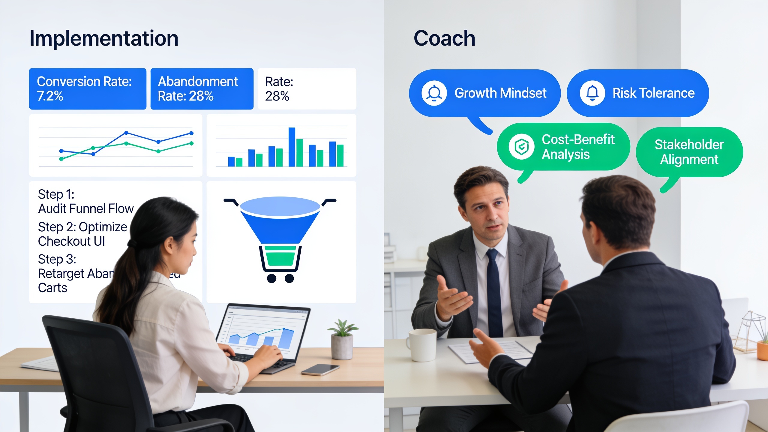 Infographic comparing consultant's technical approach to cart abandonment versus coach's behavioral approach