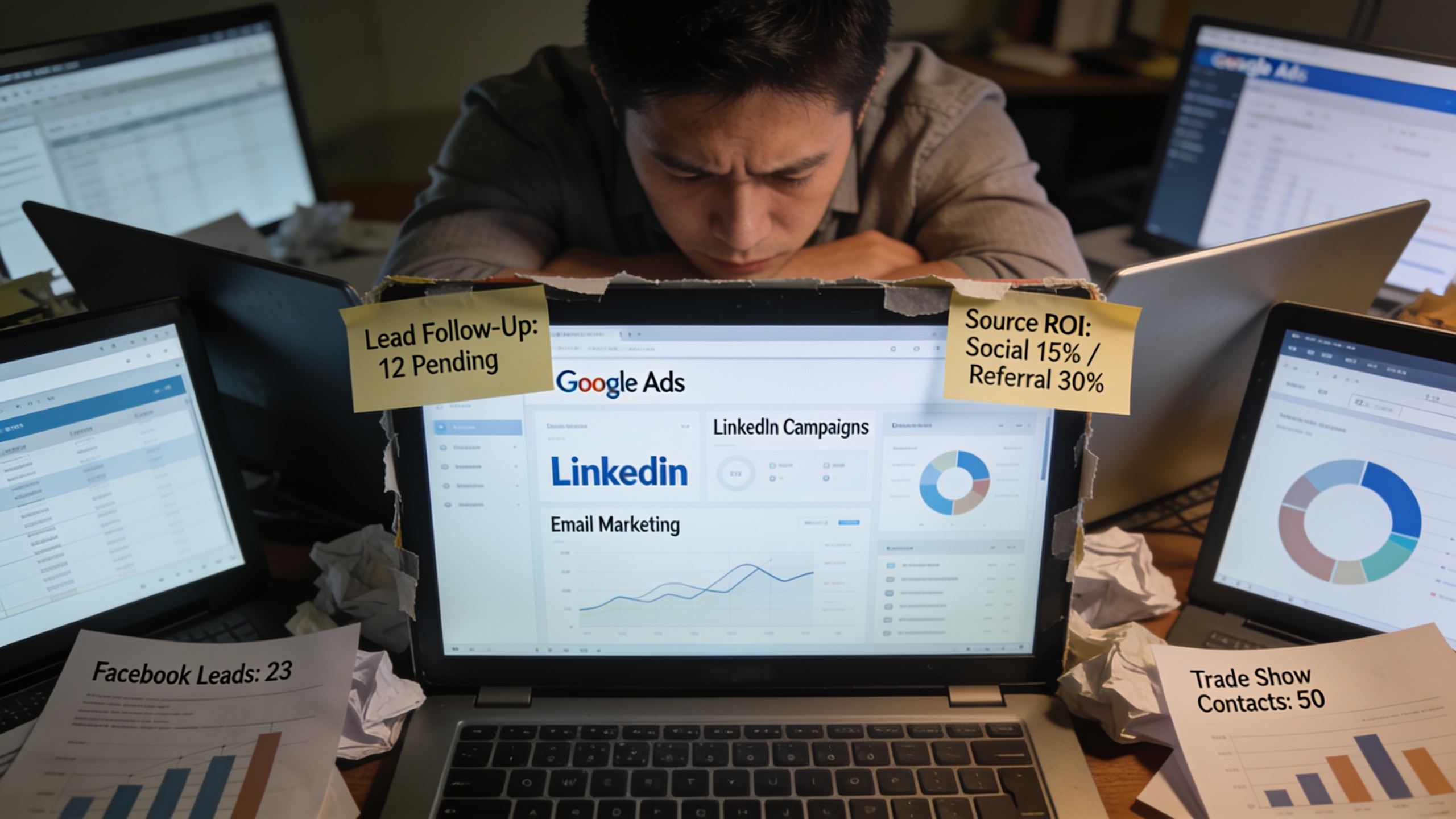 Overwhelmed advisor managing multiple traditional lead generation channels simultaneously, illustrating the time and cost burden of DIY marketing approaches
