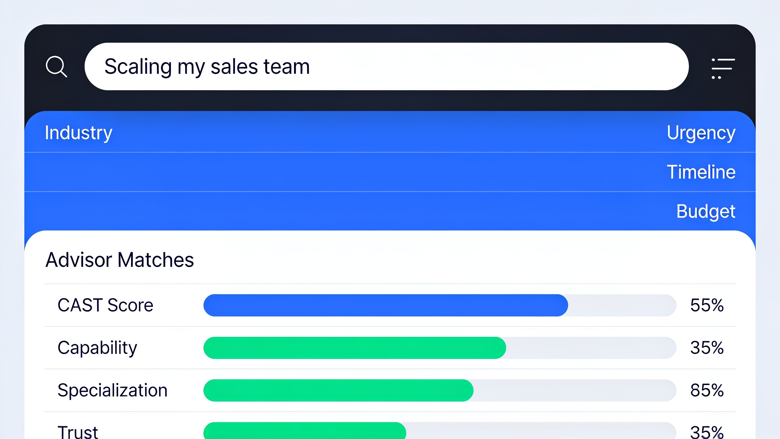 AI advisor matching platform interface showing natural language input converting to structured matching criteria and ranked advisor results