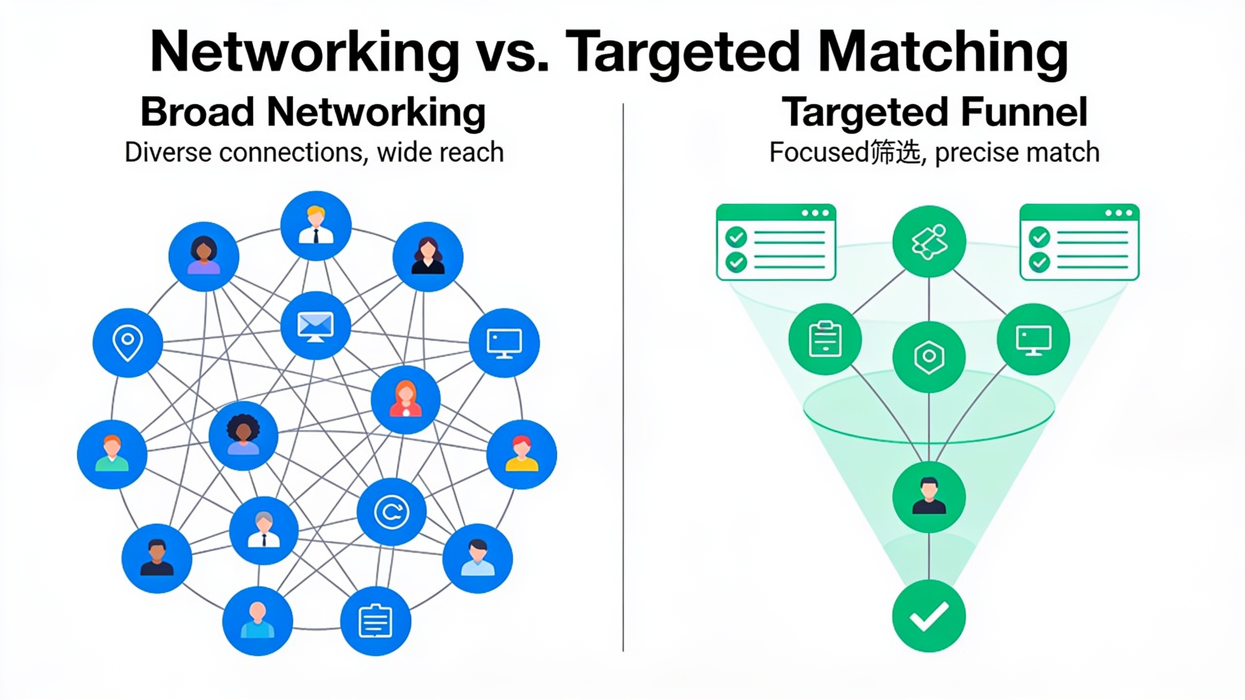 Visual comparison of broad networking approach versus targeted challenge-specific matching