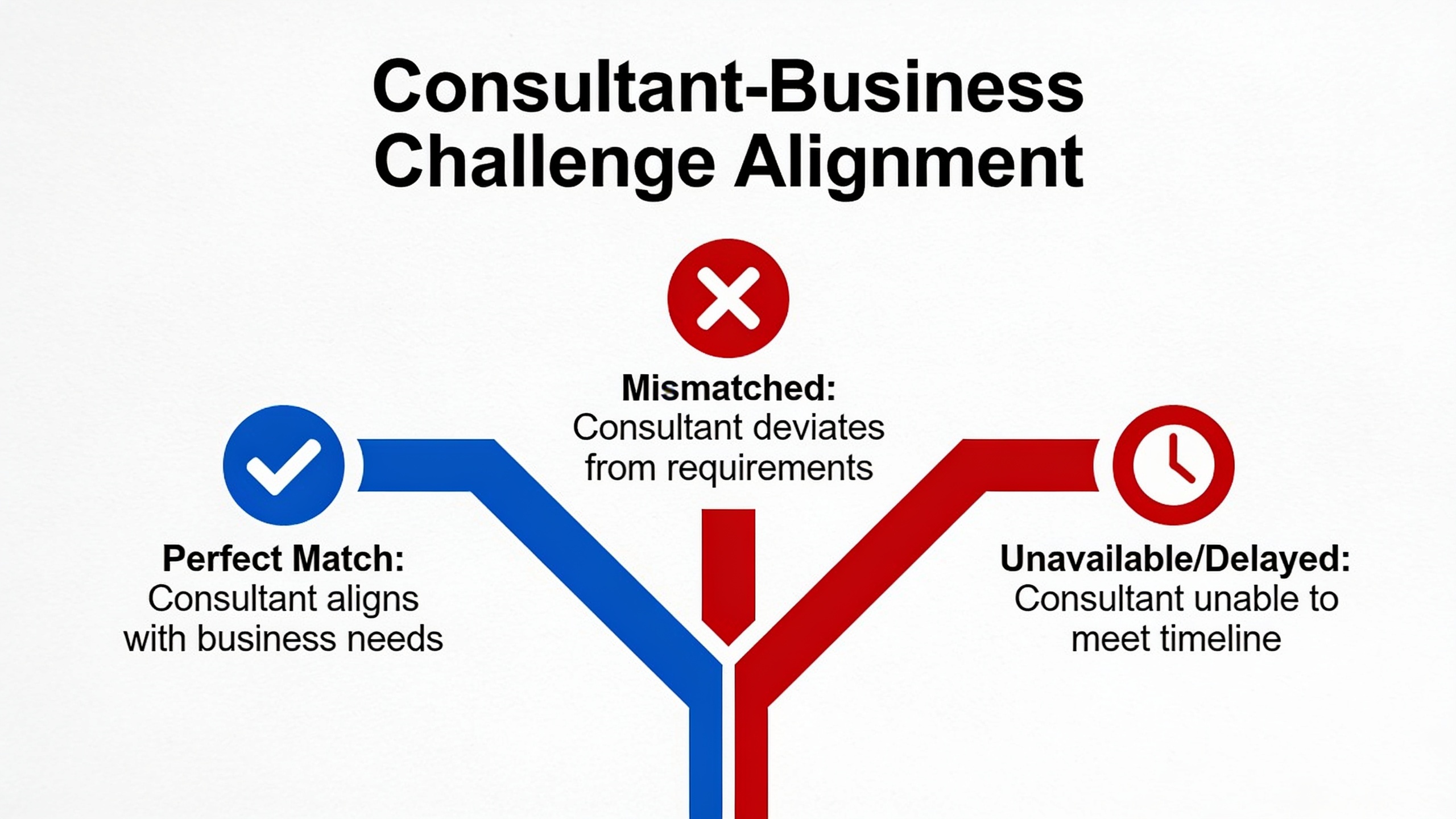 Visual comparison of consultant matching scenarios showing scope mismatch, timing issues, and verification problems