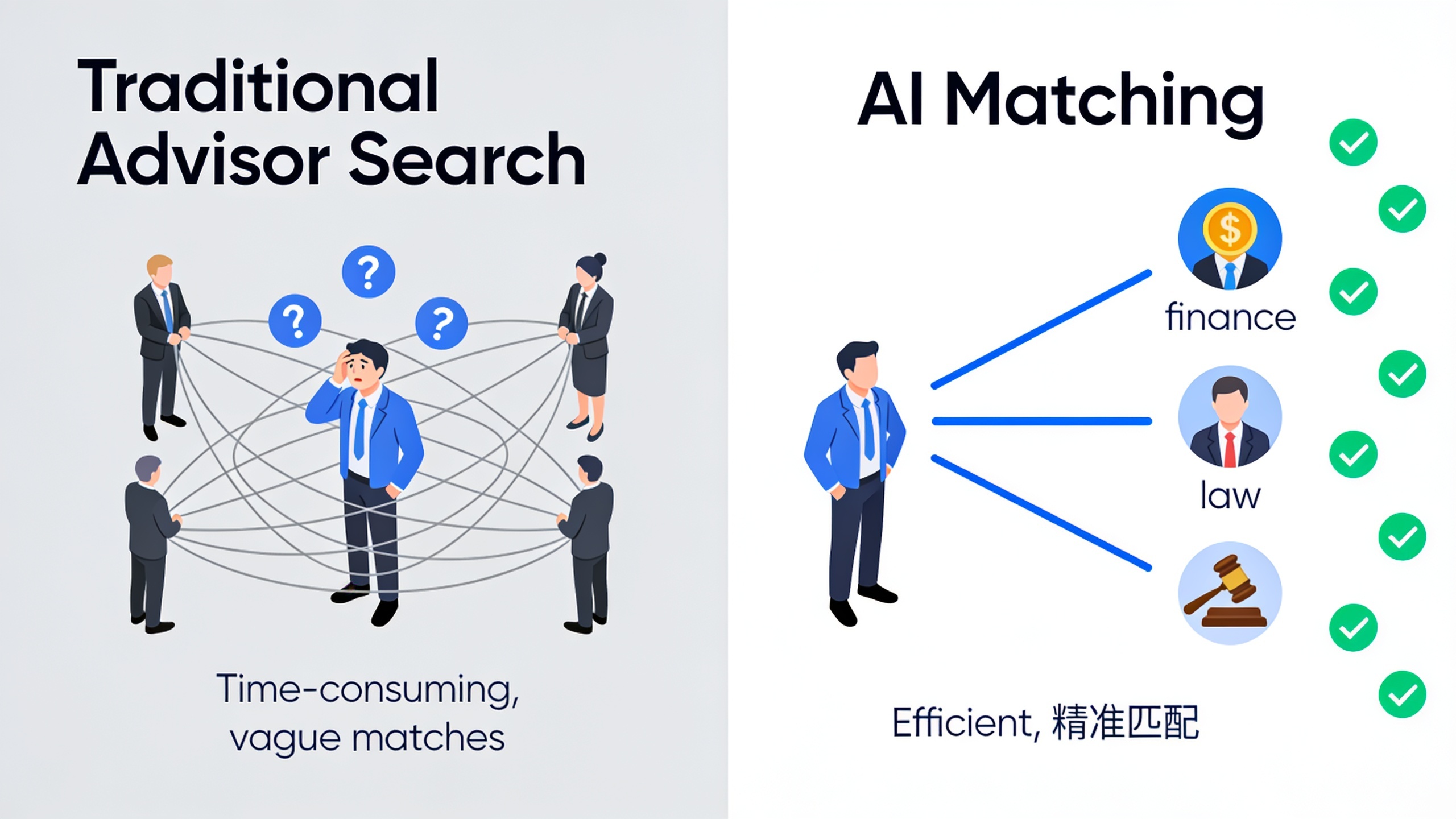 Comparison of traditional advisor search versus AI-powered matching for finding the right business advisor