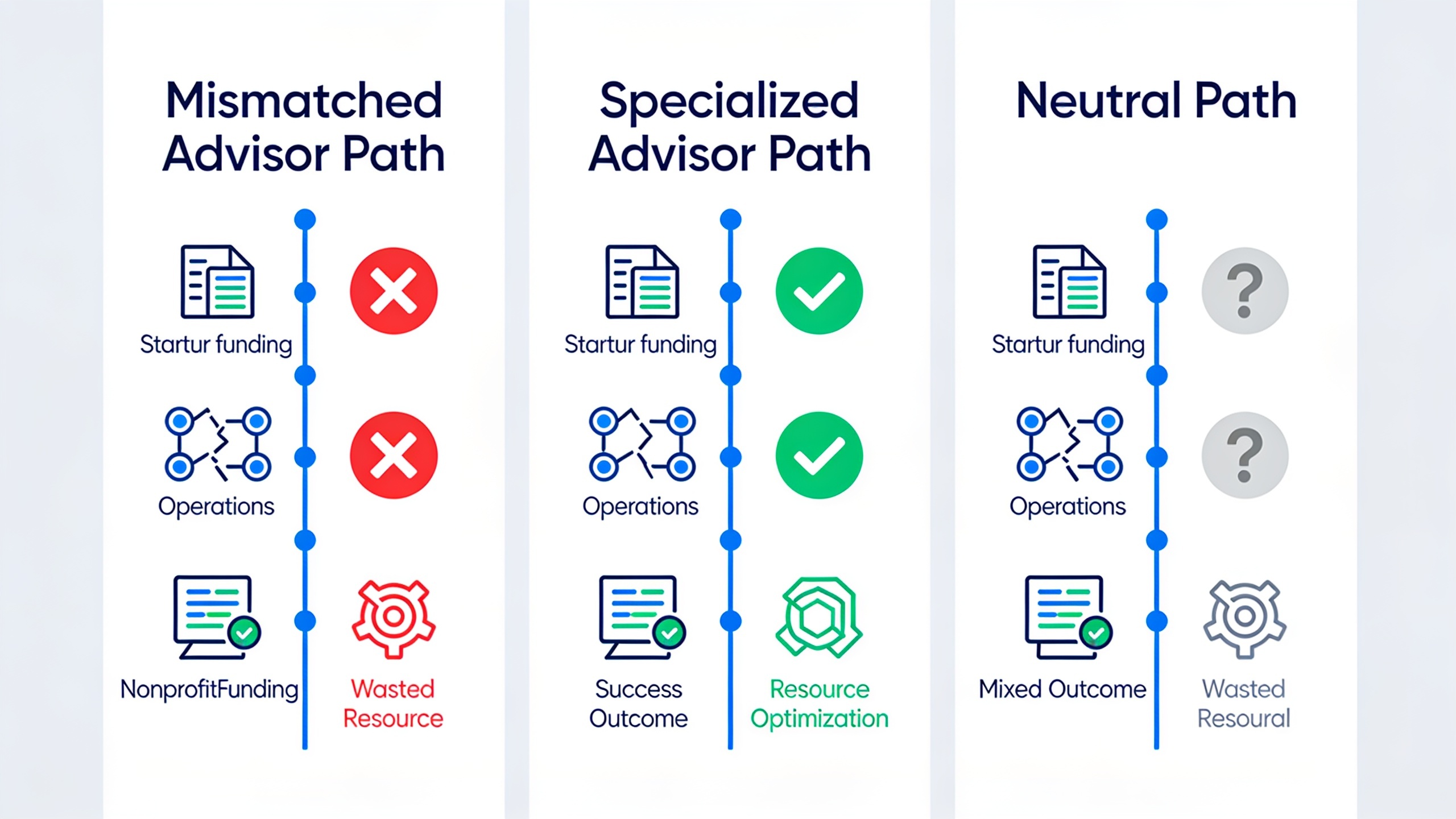 Comparison infographic showing consequences of mismatched versus specialized advisors across different business types