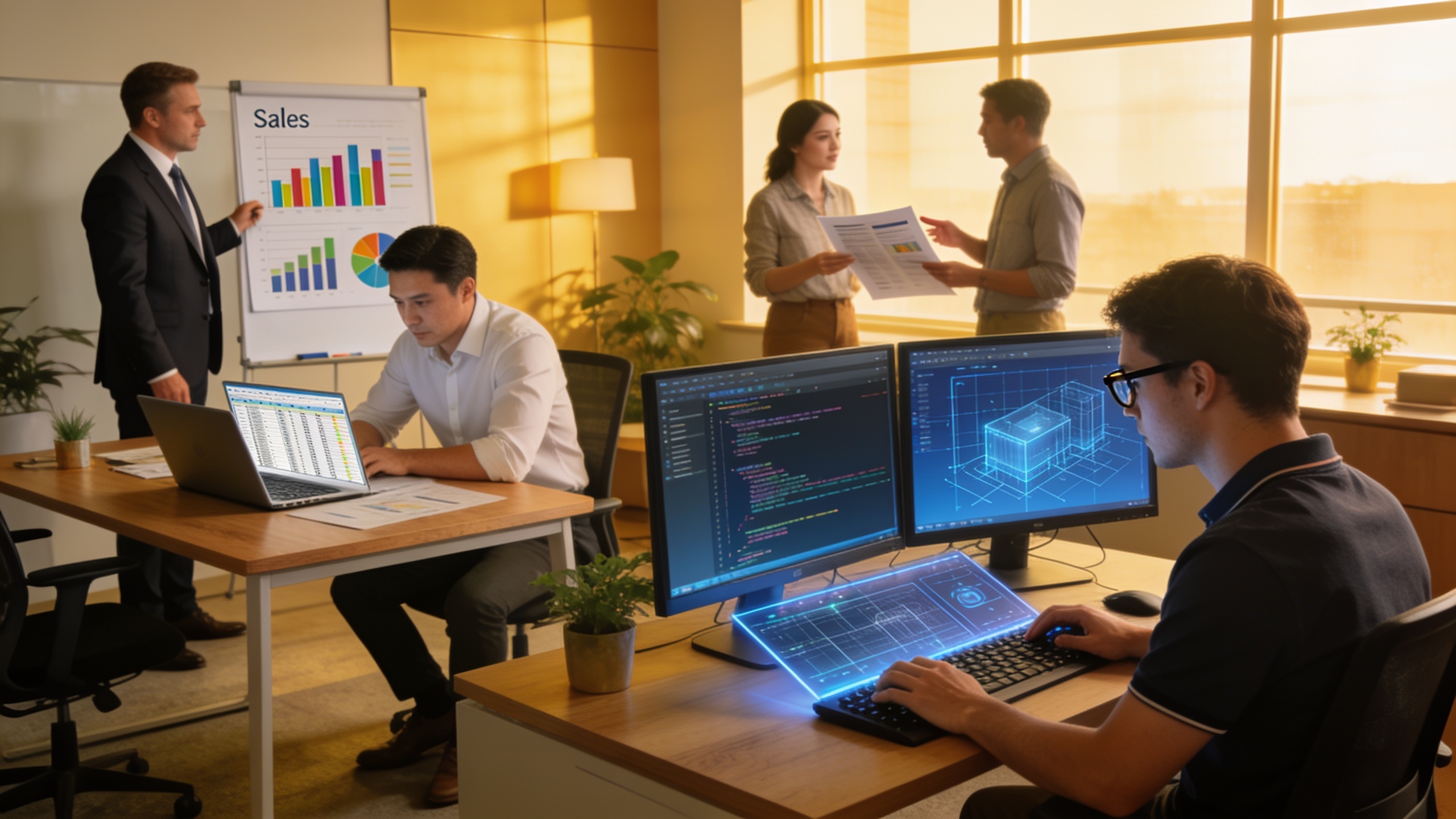 Multiple business advisors specializing in different areas: sales, finance, HR, and technology working on their respective challenges