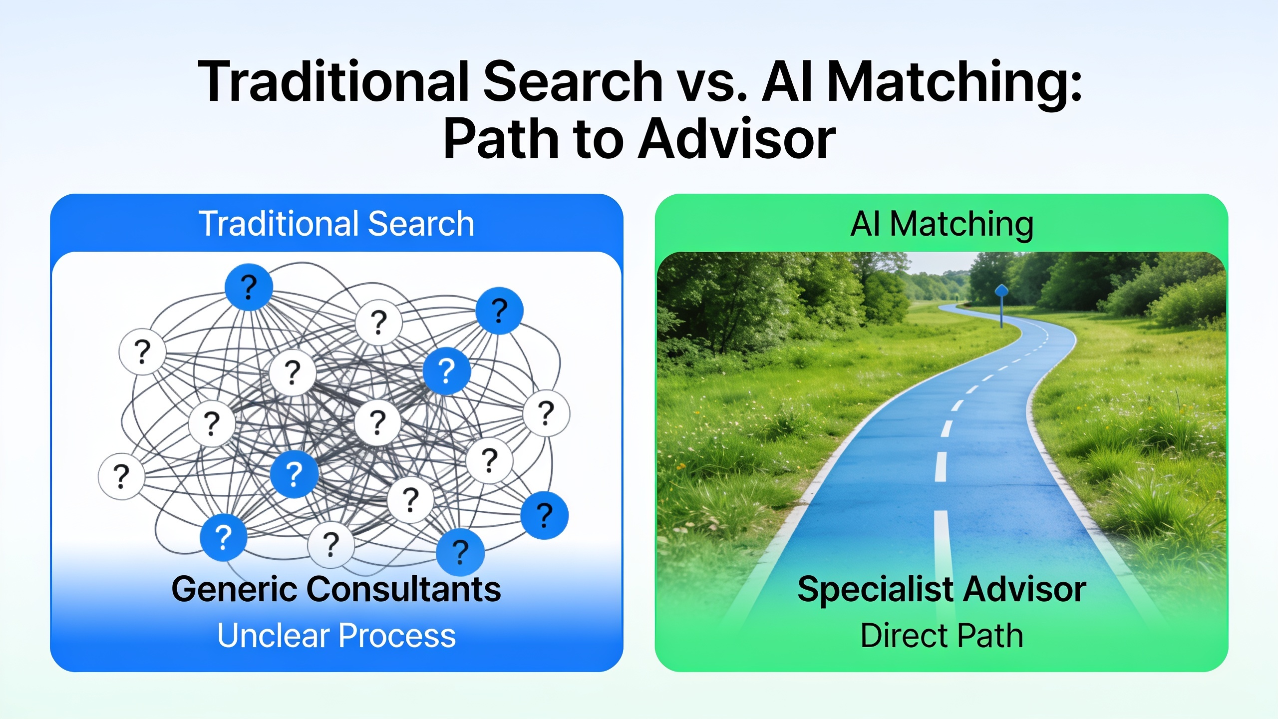 Comparison infographic of traditional advisor search versus AI-matched specialist advisor selection