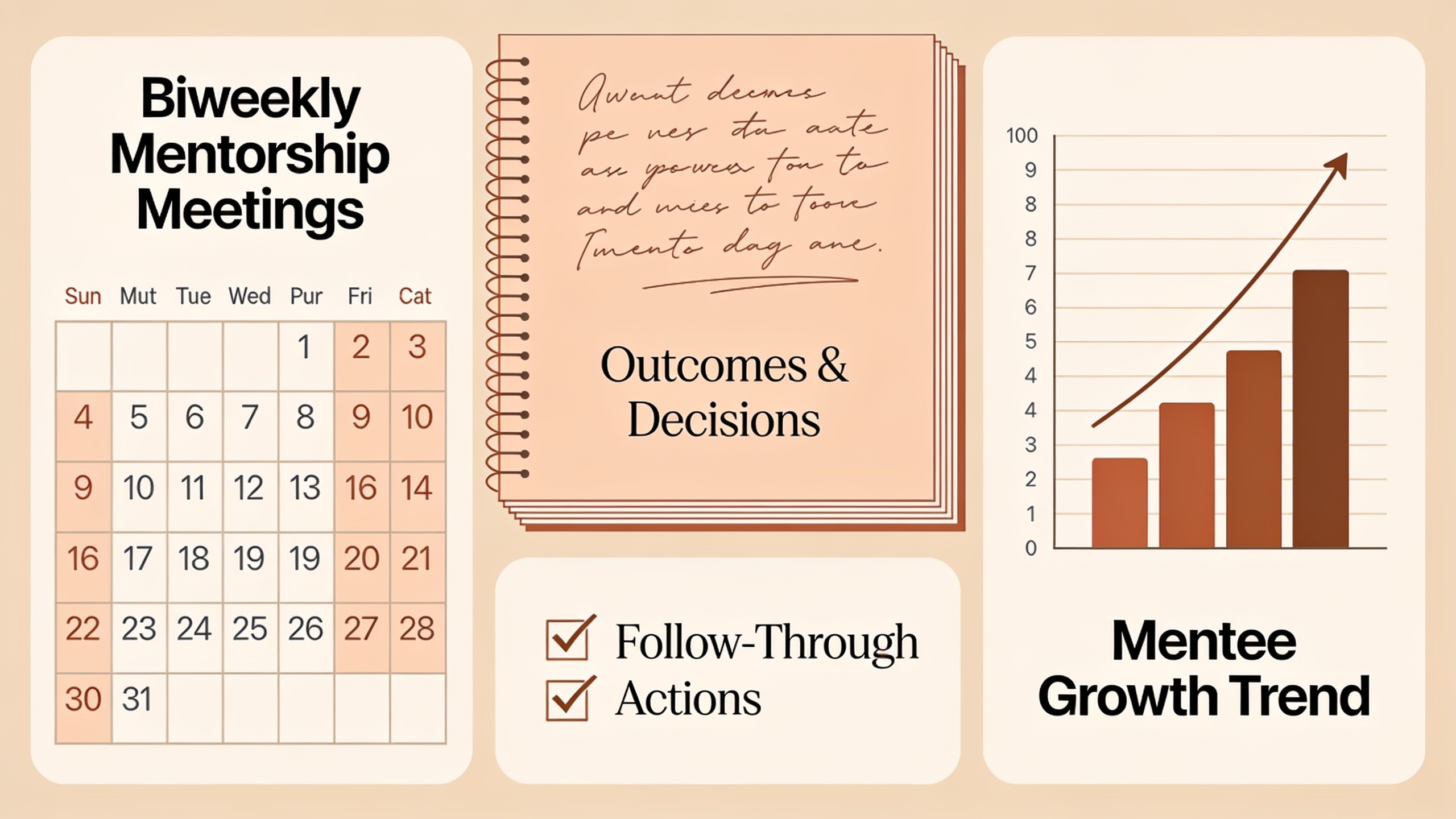 Visual guide showing structured mentorship approach with regular cadence, documented decisions, and tracked outcomes