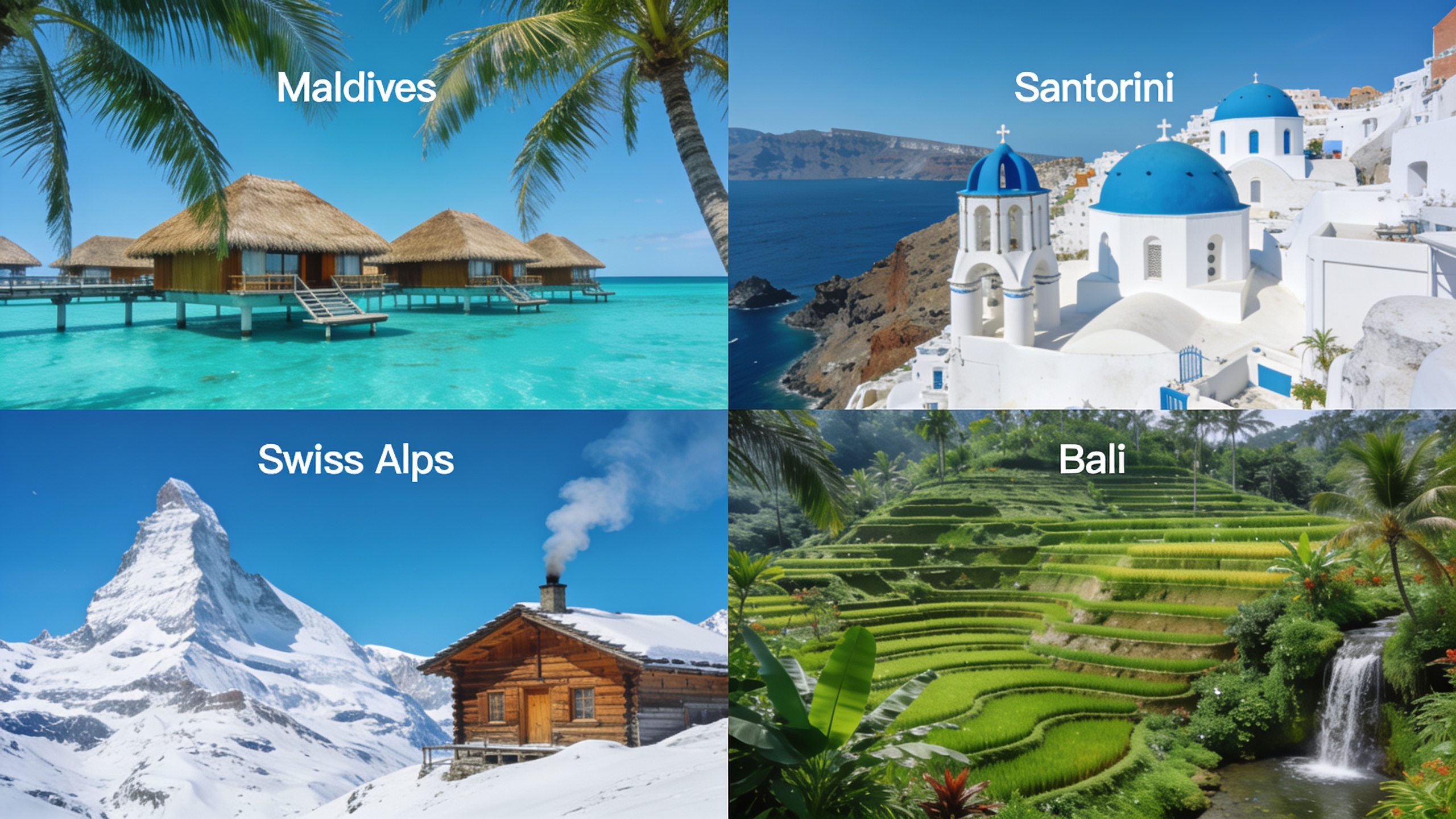 Collage of four popular honeymoon destinations including tropical islands, Mediterranean cliffs, mountains, and rice terraces
