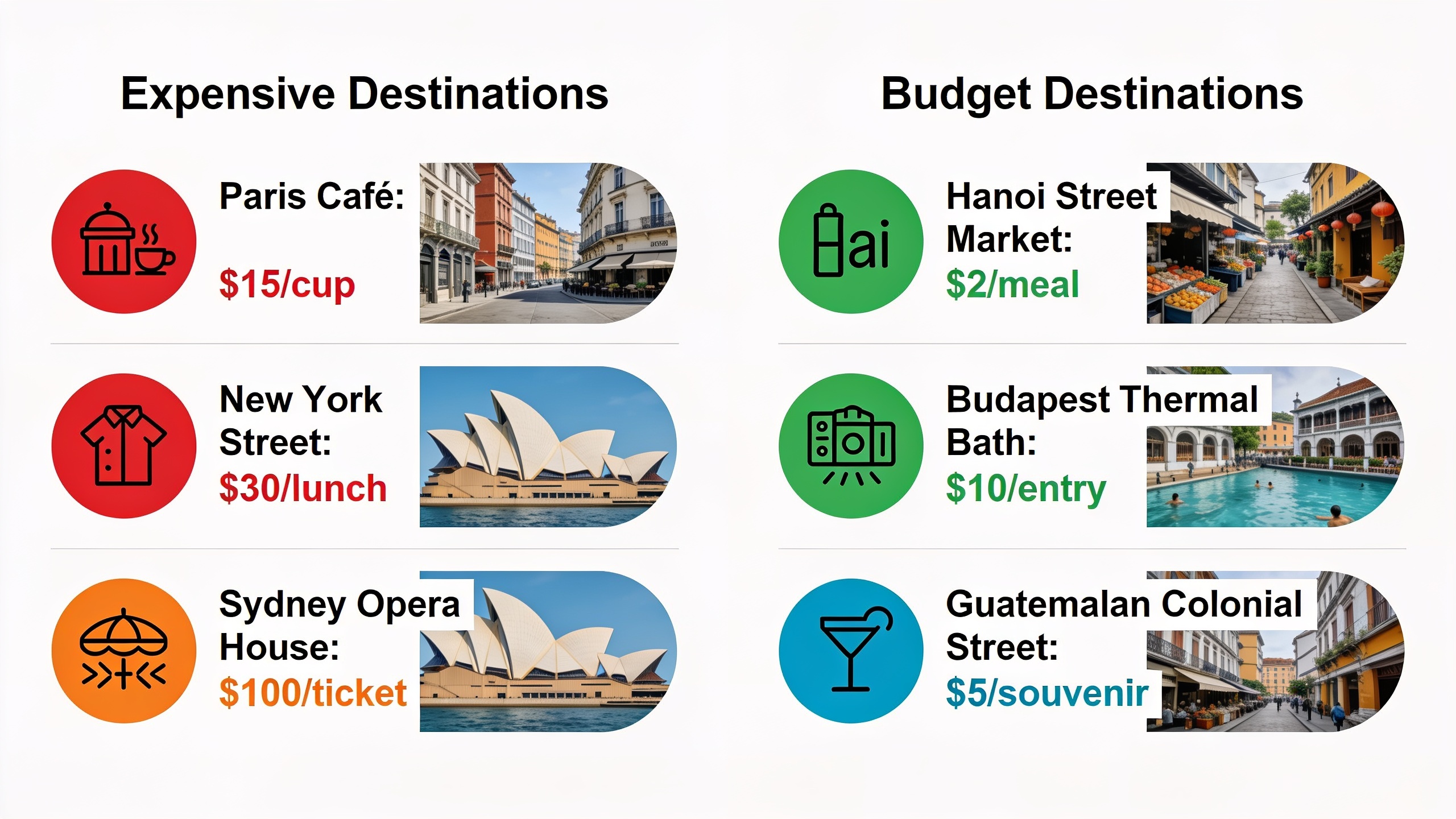Cost comparison infographic showing daily budget travel expenses between expensive Western destinations and budget-friendly destinations worldwide