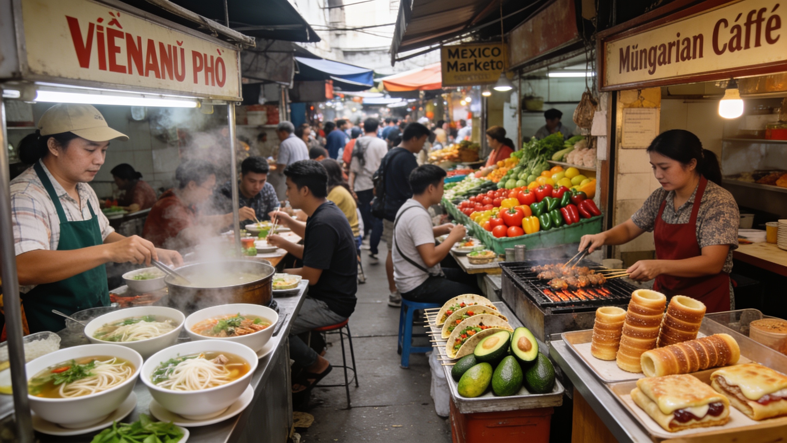 Local street food markets and vendors across different budget travel destinations showing authentic regional cuisine and dining culture