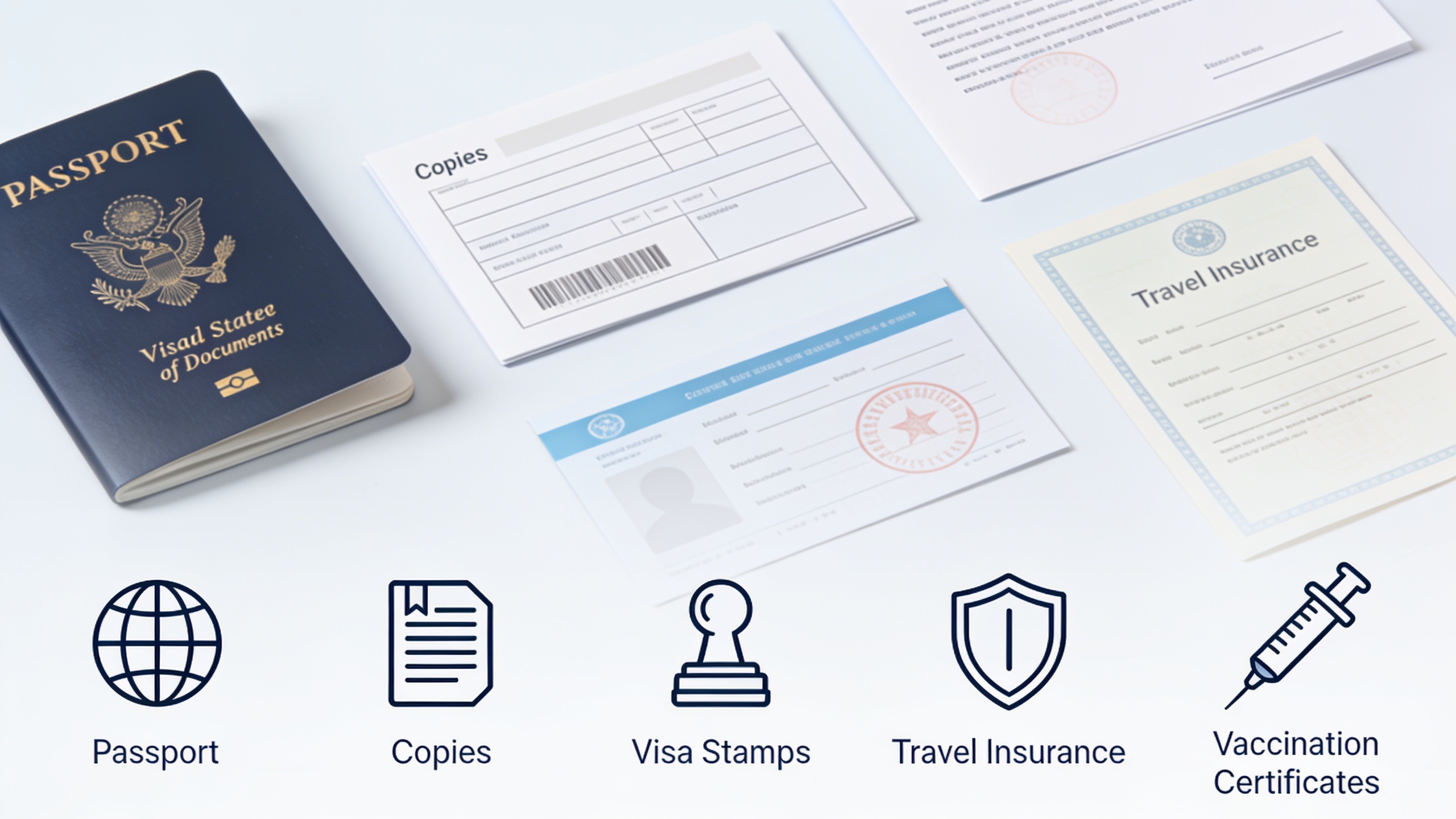 Essential travel documents organized including passport copies, visas, insurance, and vaccination records